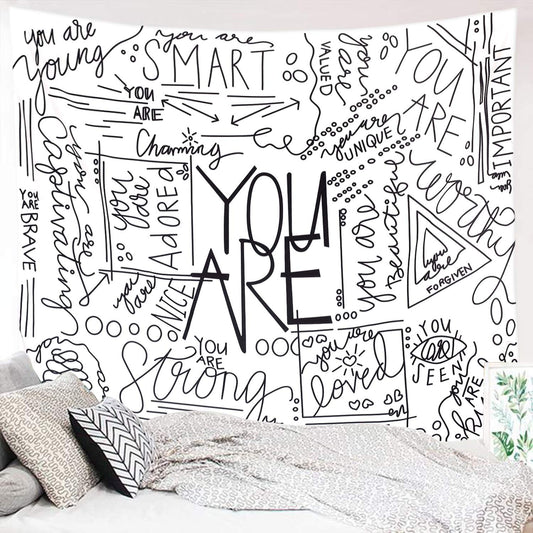Quote You Are Wall Tapestry, Inspirational Wall Art Positive Saying Wall Hanging White Tapestry for Teen Girl Bedroom Dorm - 51.2X59.1 Inches