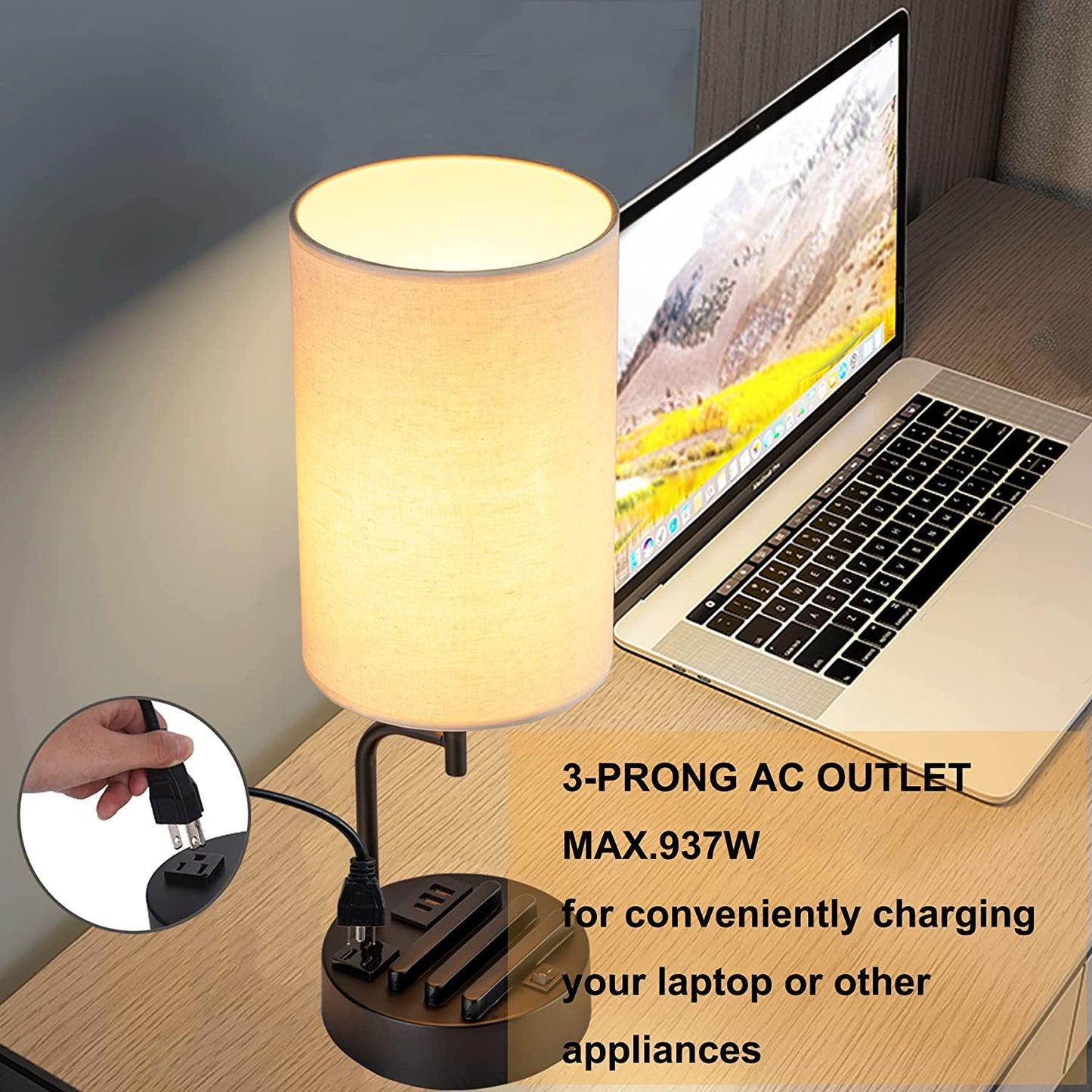 Table Lamp with 3 USB Charging Ports, Modern Desk Lamp with AC Outlet and Phone Stands, Perfect Bedside Lamp for Bedroom, Living Room, Office (Pack of 2)