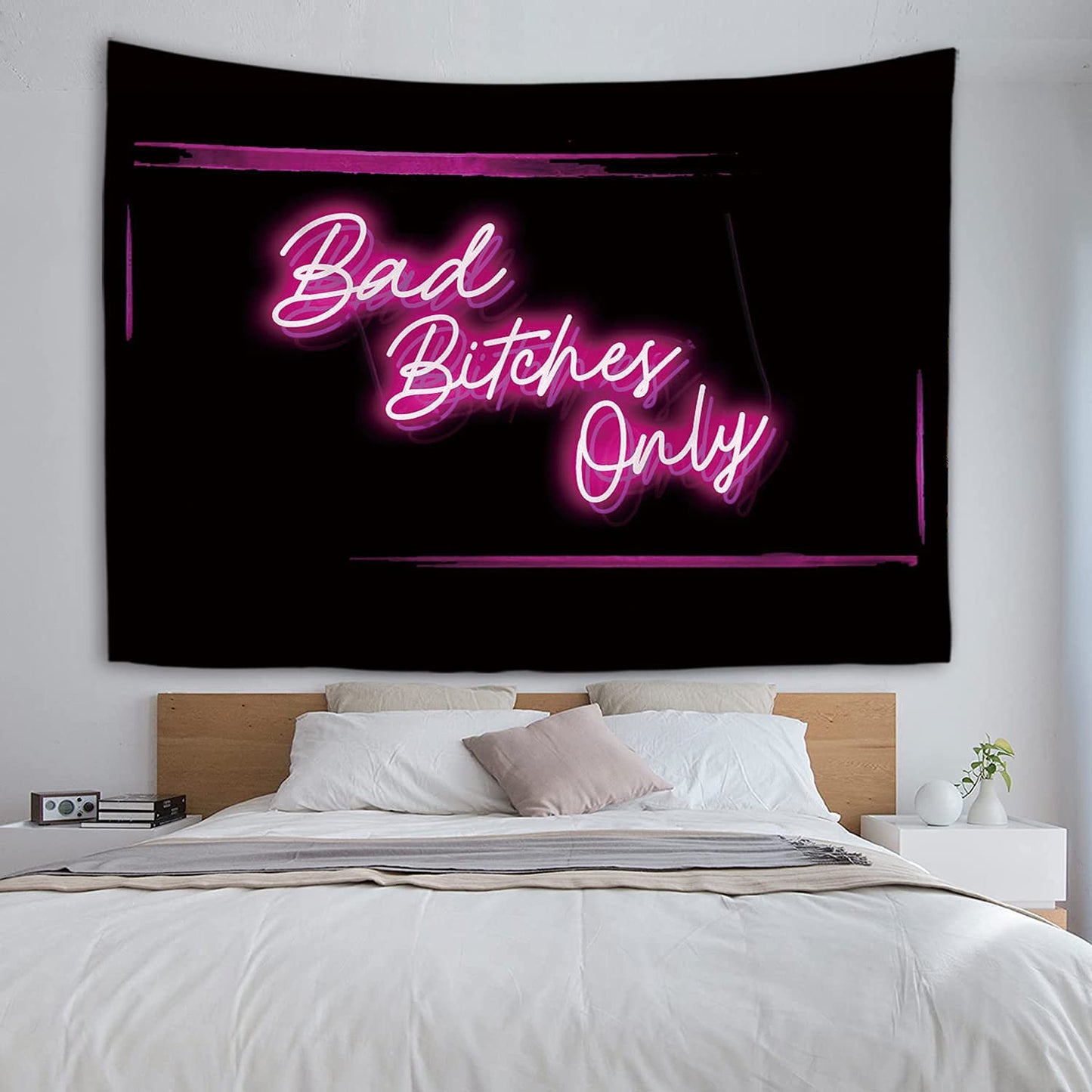 Decorative Wall Tapestry,Bad Bitches Only Words in Neon Light for Bedroom Living Room Outdoor,51Hx60L Inch