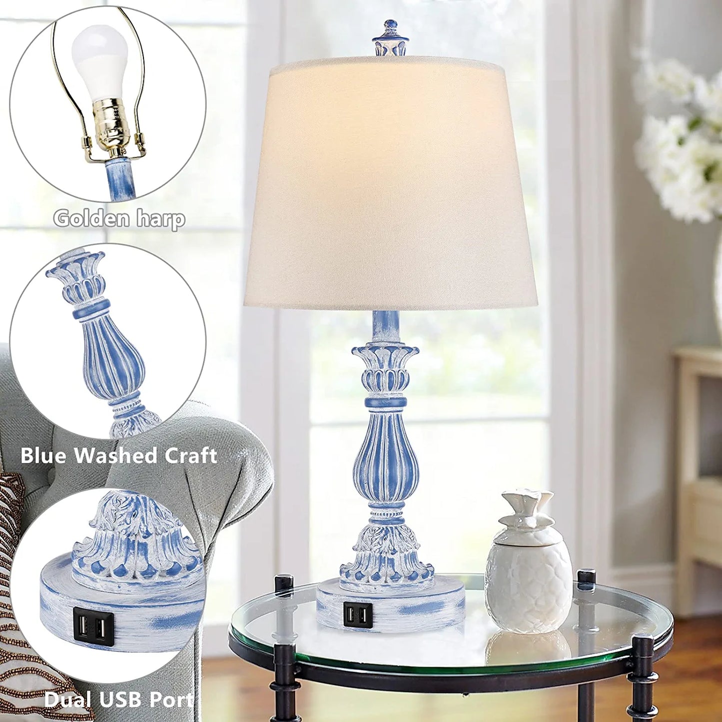 Coastal 3 Way Dimmable Touch Table Lamp for Bedrooms Set of 2 Farmhouse Bedside Lamp for Living Rooms Blue Washed Nightstand Lamp with 2 USB Charging Ports,2 Bulbs Included