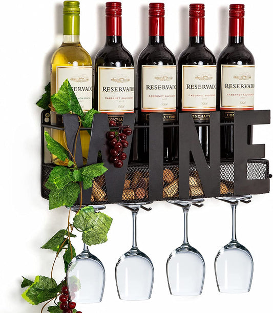 SODUKU Wall Mounted Metal Wine Rack 4 Long Stem Glass Holder & Wine Cork Storage Wine
