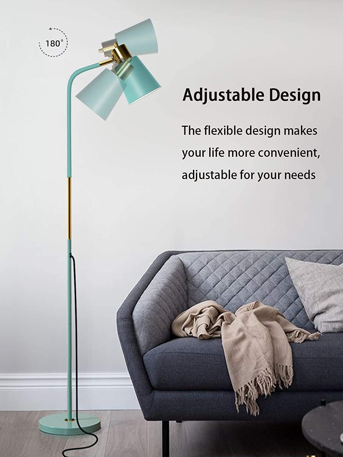 Floor Lamp, Industrial Floor Lamps for Living Rooms & Bedrooms - Rustic Farmhouse Reading Lamp - Standing, Adjustable Metal Heads Indoor Task Lighting for Living Room Bedroom Office Home Décor (Green)
