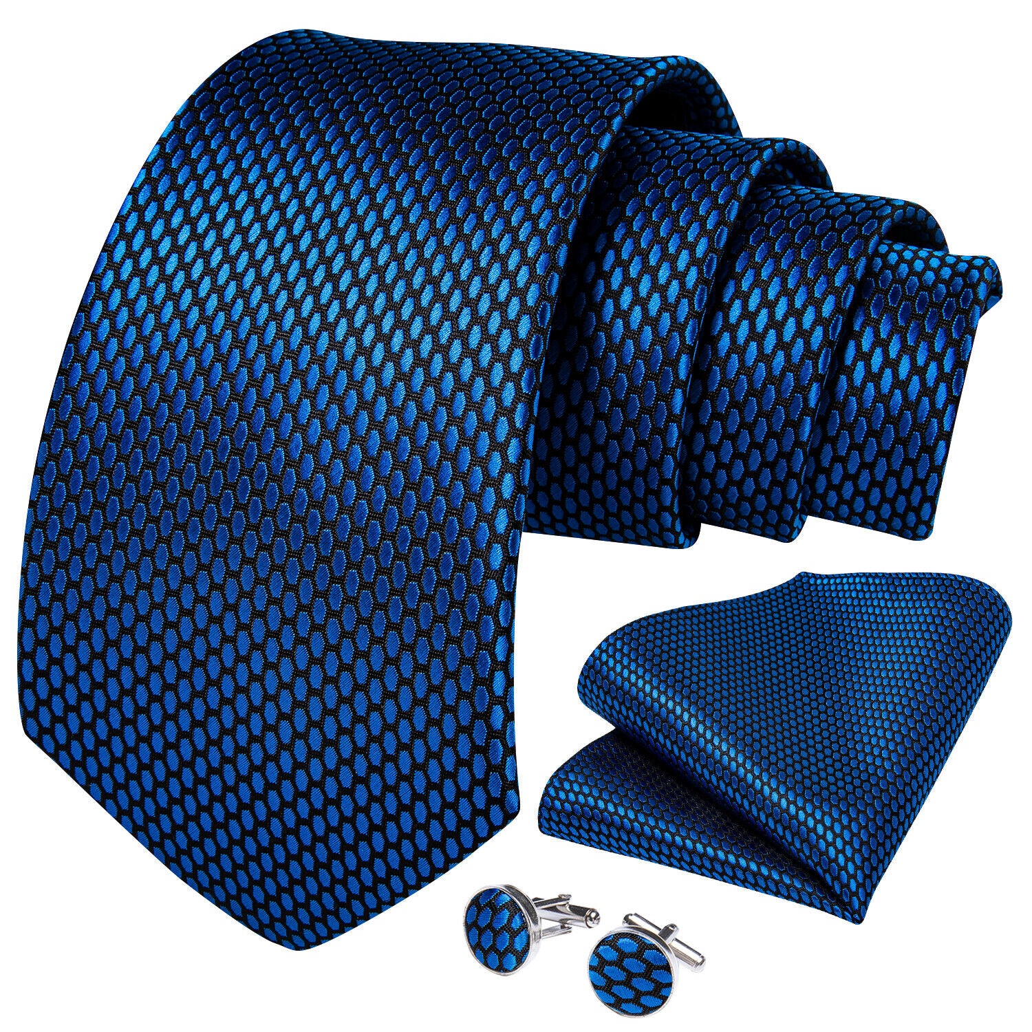 Navy Geometric Classic Men'S Tie All Silk Necktie Set Hanky Cufflinks Business