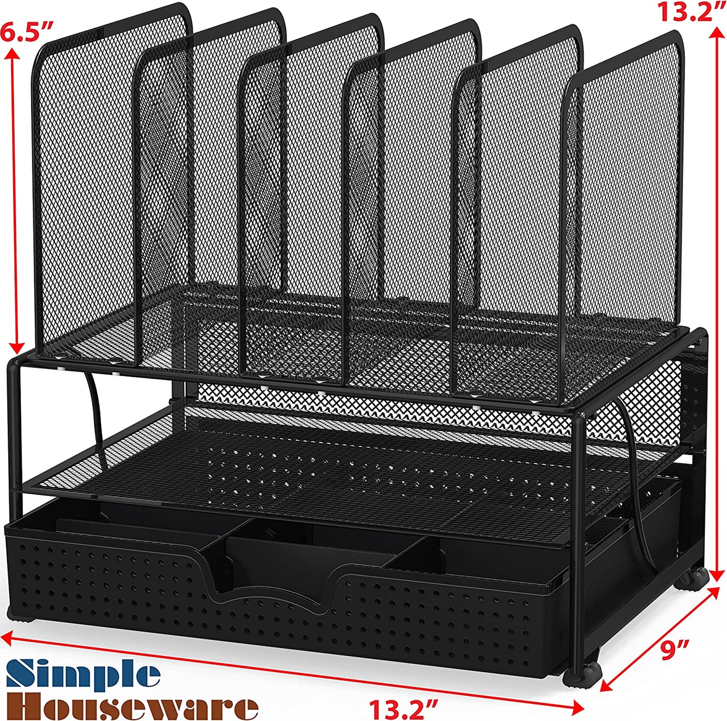 Simplehouseware Mesh Desk Organizer with Sliding Drawer, Double Tray and 5 Upright Sections, Black