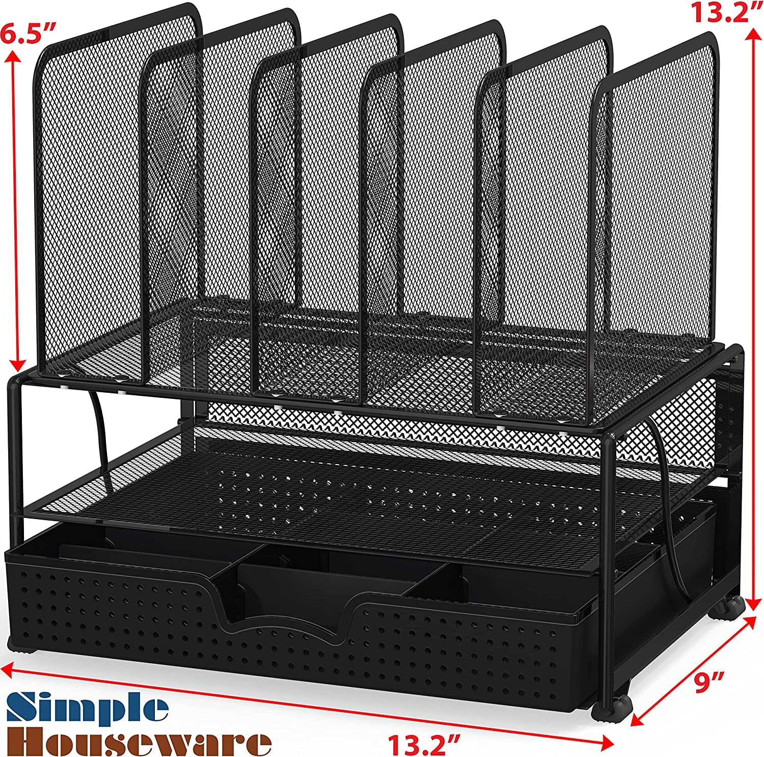 Simplehouseware Mesh Desk Organizer with Sliding Drawer, Double Tray and 5 Upright Sections, Black