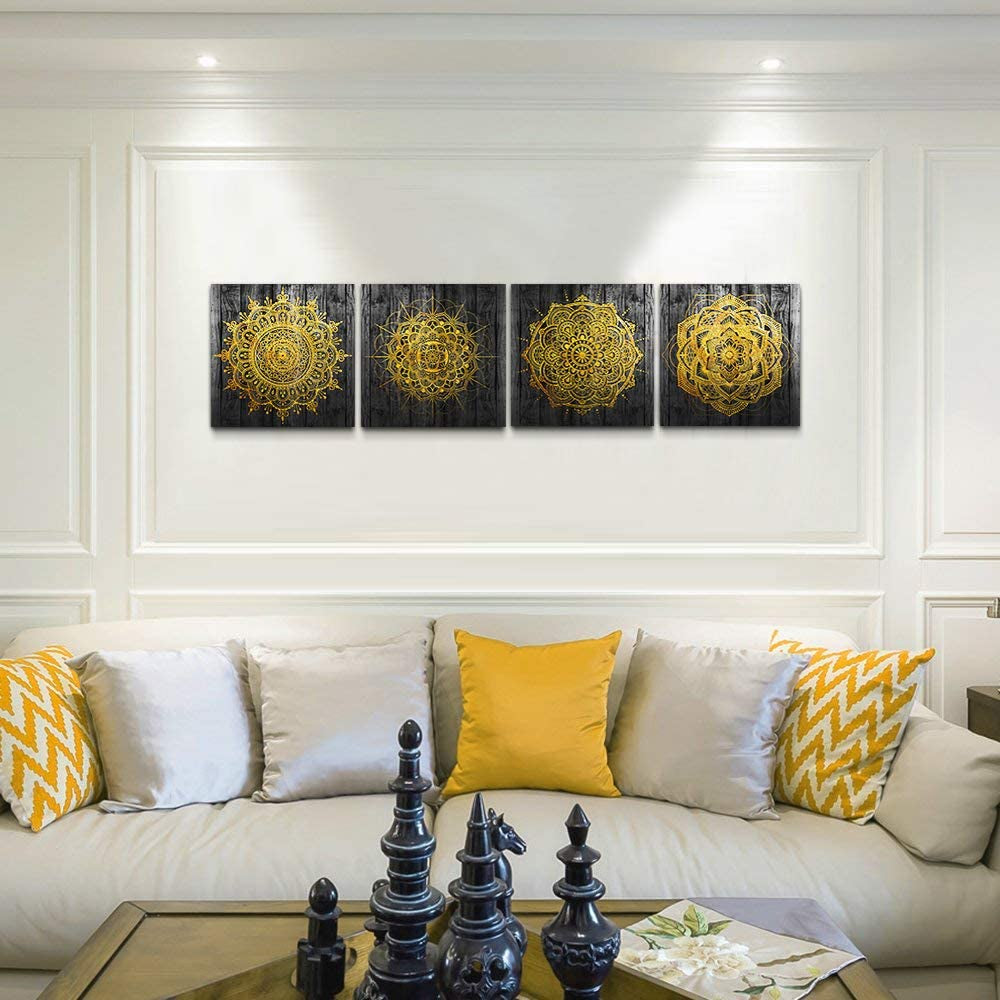 4 Piece Framed Canvas Wall Art for Living Room Family Bathroom Wall Decor Modern Kitchen Office Bedroom Decoration Black Pictures Golden Abstract Painting Inspiration Wall Artworks for Home Walls Art