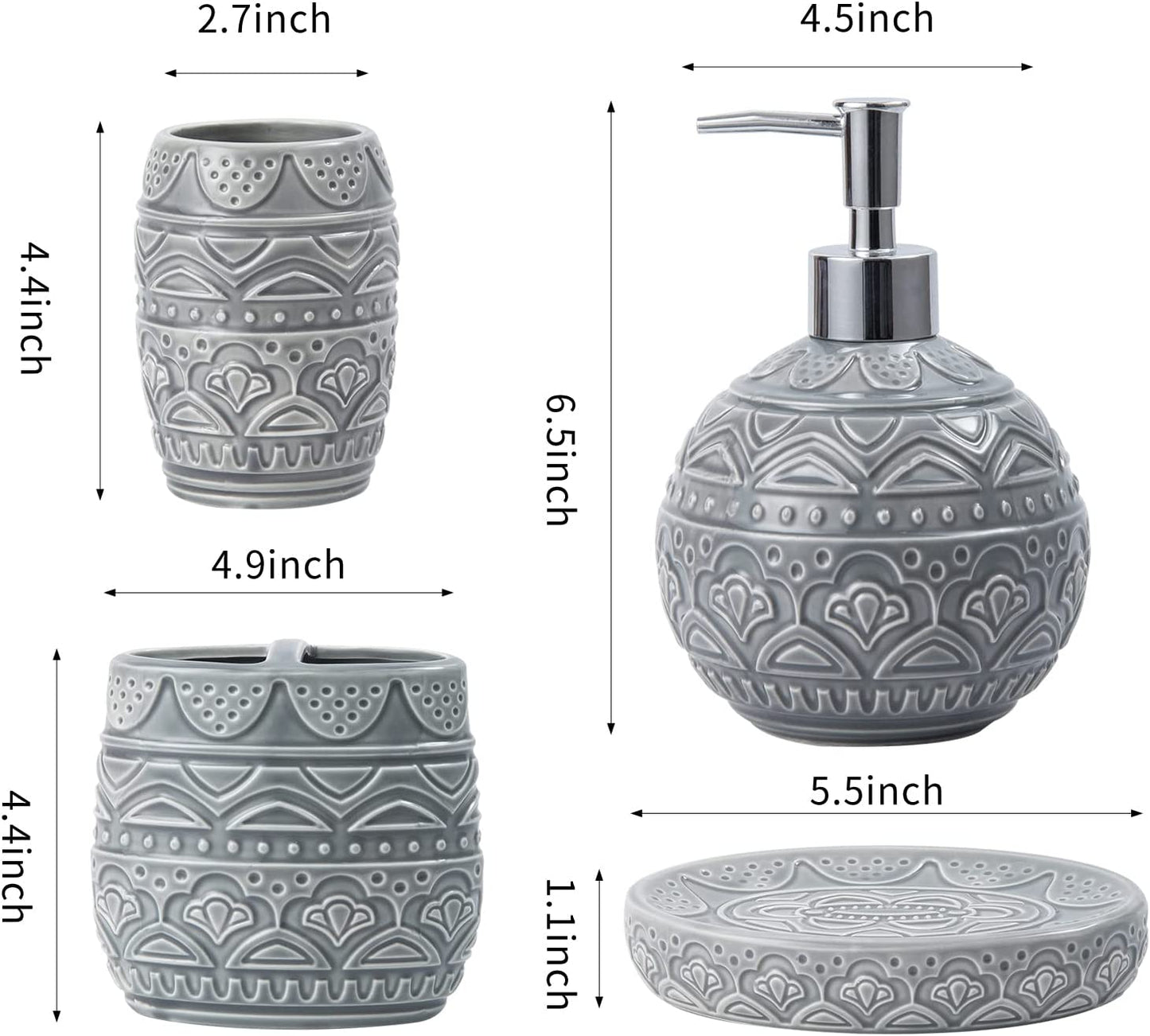 Bathroom Accessory Set, Bath Accessories Set 4-Piece Ceramic Embossed Bath Countertop Set with Soap Dish, Soap & Lotion Dispenser, Cup, Divided Toothbrush Holder ,Grey