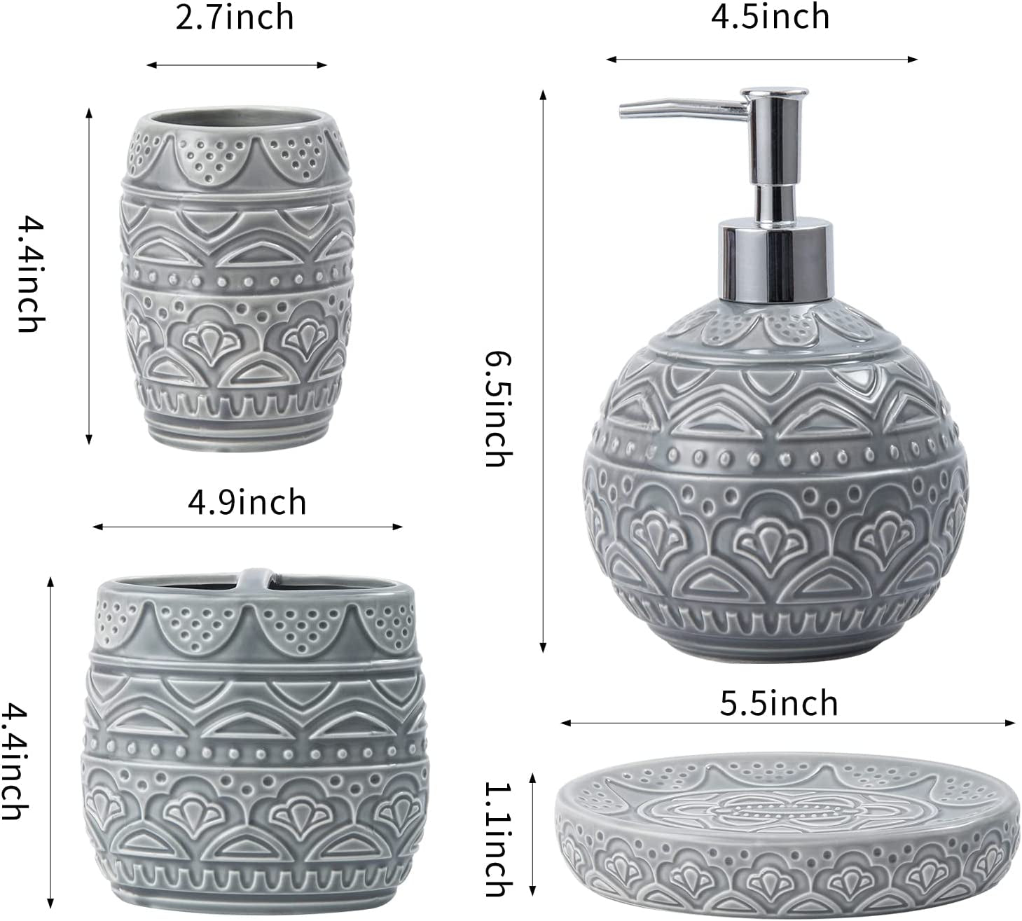Bathroom Accessory Set, Bath Accessories Set 4-Piece Ceramic Embossed Bath Countertop Set with Soap Dish, Soap & Lotion Dispenser, Cup, Divided Toothbrush Holder ,Grey