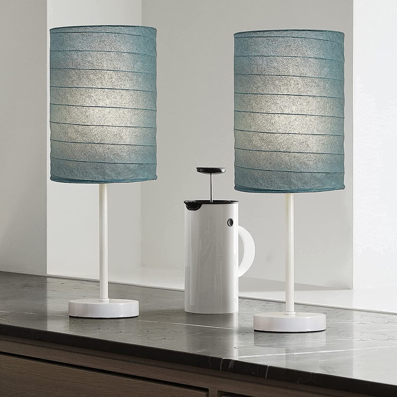 PORTRES 18.75'' Traditonal Accent Table Lamp Set of 2 for Bedroom Desk Lamps for Living Room Kids Room Study Room Office Rustic Decor Nightstand Rice Paper Lamps ( White& Gray)