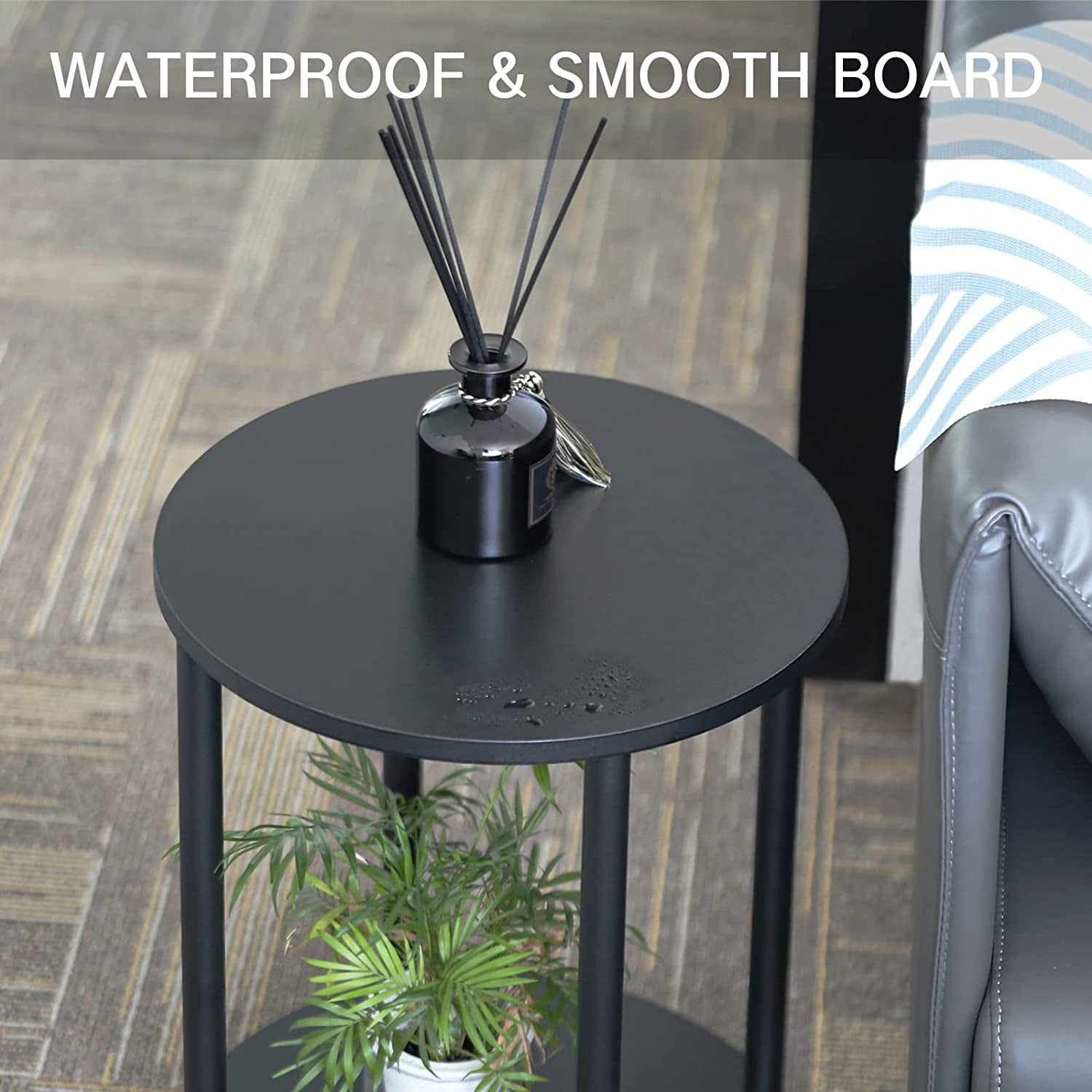 Small round Side Table, 2 Tier Black Wooden End Table/Bed Side Table/Nightstand for Living Room/Bedroom/Small Space,15.6"(D)*19.72"(H),Metal Legs