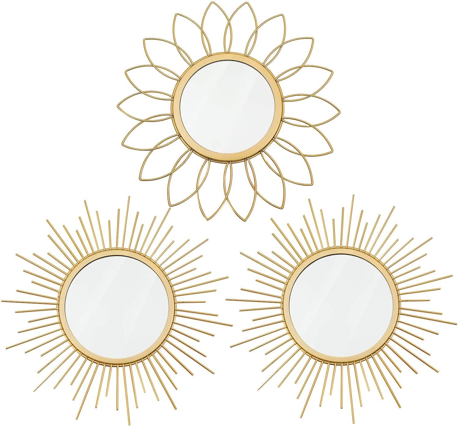 3 Pack Gold Mirrors for Wall Metal Sunburst Wall Mirrors Home Décor Decorative Hanging Wall Art for Living Room Bedroom Entryway