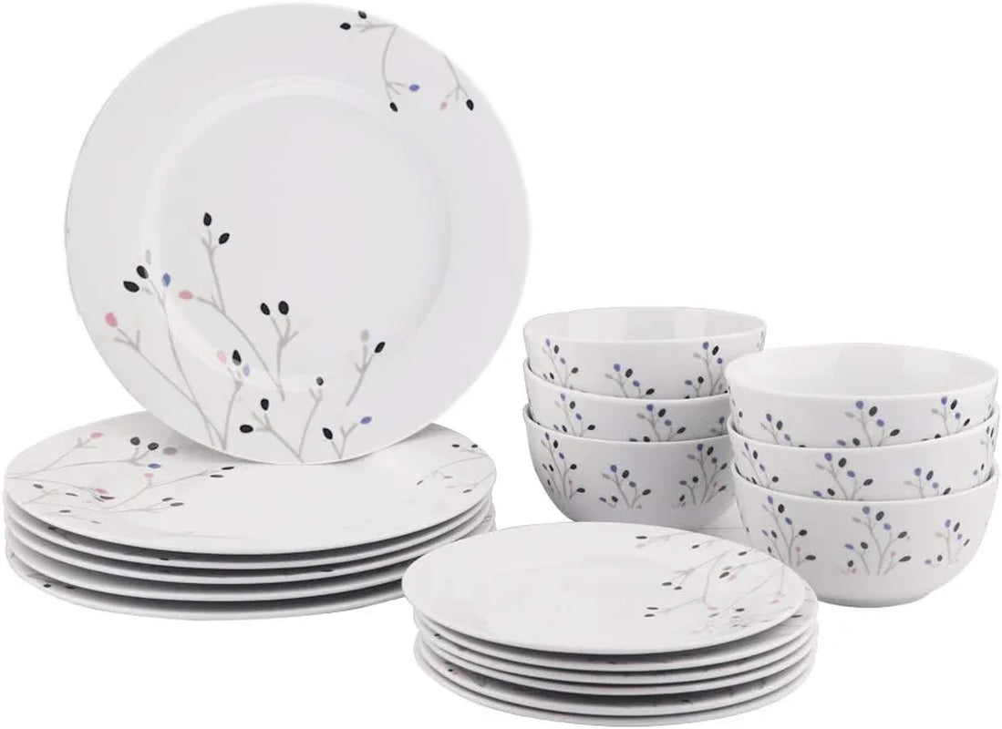 18-Piece Kitchen Dinnerware Set, Plates, Dishes, Bowls, Service for 6, Branches