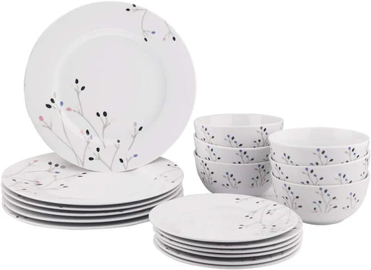 18-Piece Kitchen Dinnerware Set, Plates, Dishes, Bowls, Service for 6, Branches