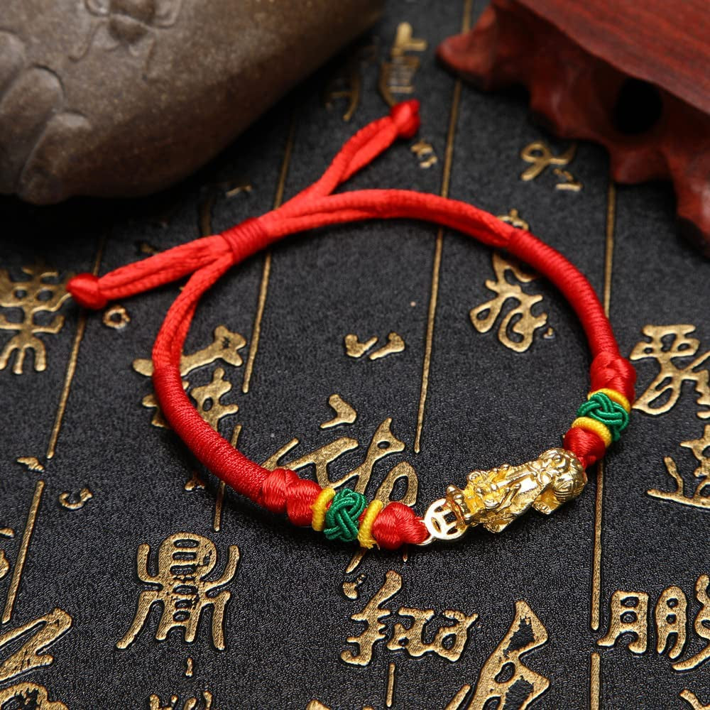 6Pcs Adjustable Braided Lucky Red String Rope Feng Shui Pixiu Pi Yao Bracelet Set Attract Wealth Prosperity Good Luck Wristband Amulet Jewelry for Women Men