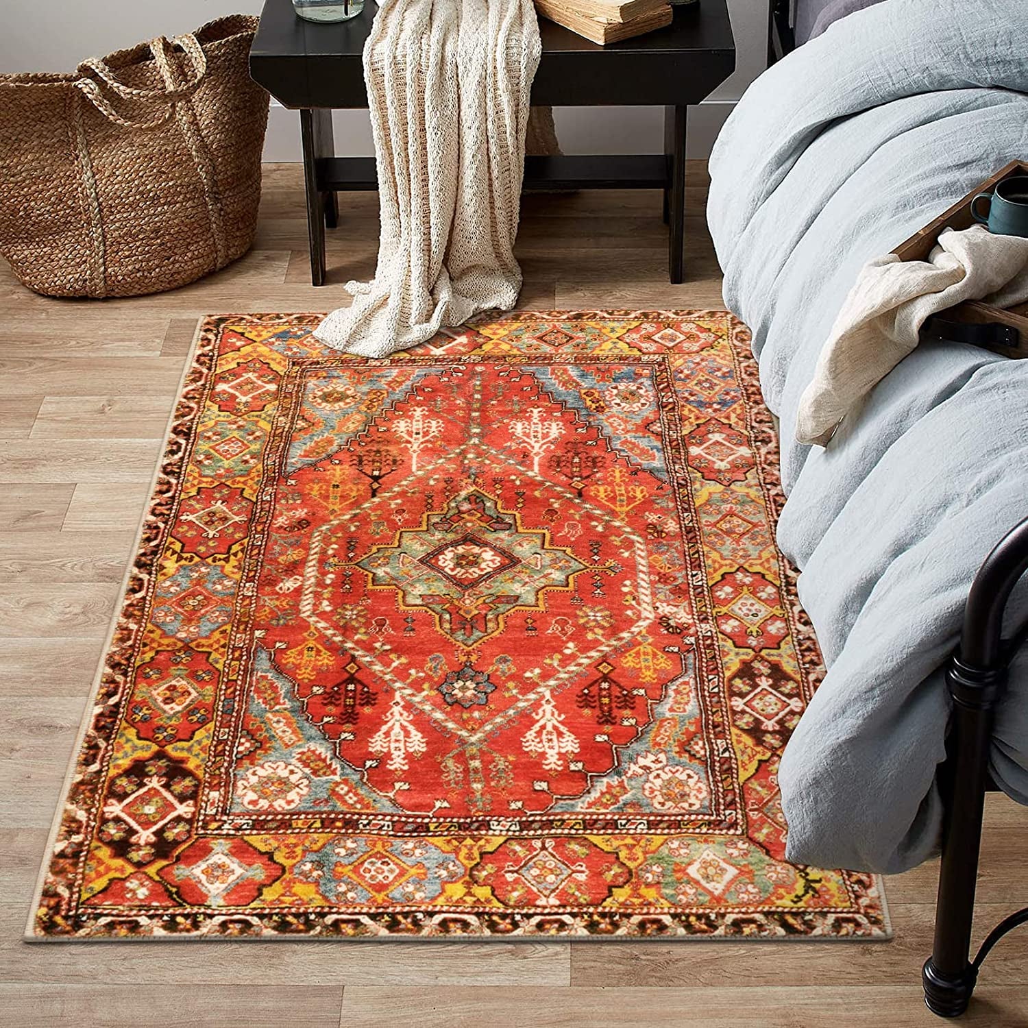 Oriental Floral Area Rug 3X5 Persian Distressed Living Room Throw Rug Boho Trible Indoor Washable Accent Rug Faux Wool Non-Slip Collection Floor Carpets for Sofa Dining Room Bedroom-Orange