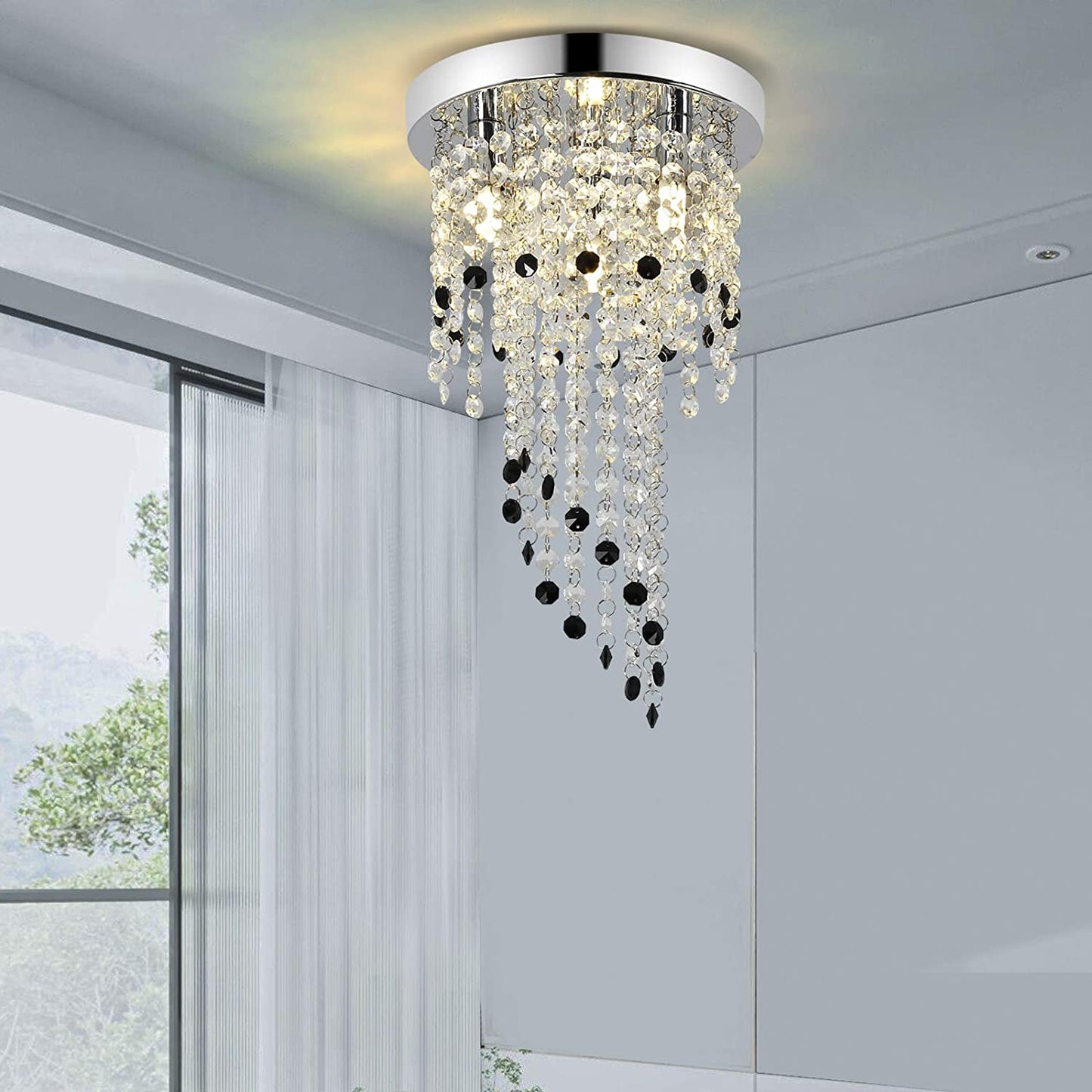 Crystal Chandelier Lighting, Mini Chandelier , 3-Light H15.16” W8.66”Modern Ceiling Lights , Flush Mount Ceiling Light,Small Chandelier for Closet , Girls Room,Bedroom, Living Room, Dining Room