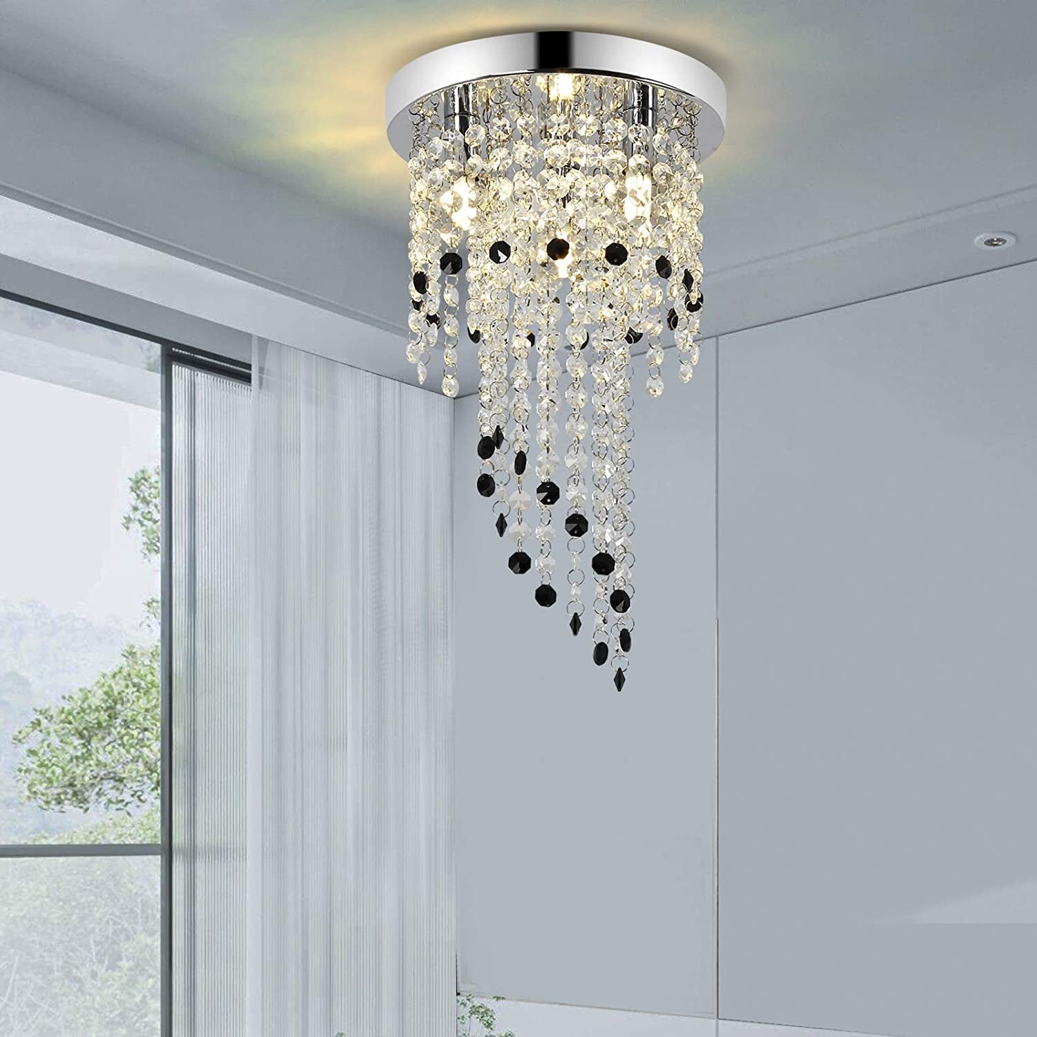 Crystal Chandelier Lighting, Mini Chandelier , 3-Light H15.16” W8.66”Modern Ceiling Lights , Flush Mount Ceiling Light,Small Chandelier for Closet , Girls Room,Bedroom, Living Room, Dining Room