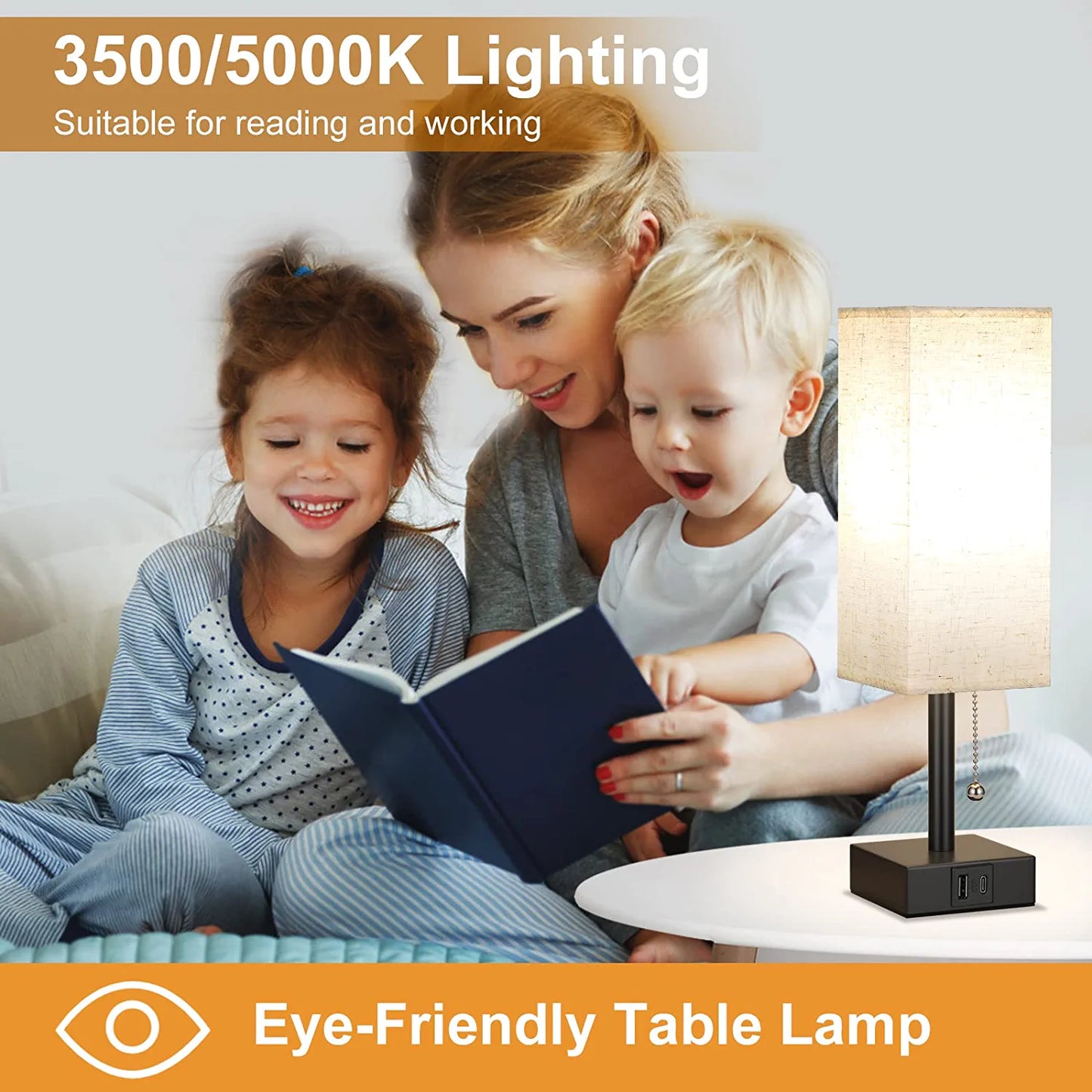 Bedside Table Lamp with 3 Levels Brightness - 2700/3500/5000K Small Lamp with USB C+A Ports, Nightstand Lamp with 3 Color Modes by Pull Chain, Bedroom Lamp for Living Read Work(Led Bulb Included)