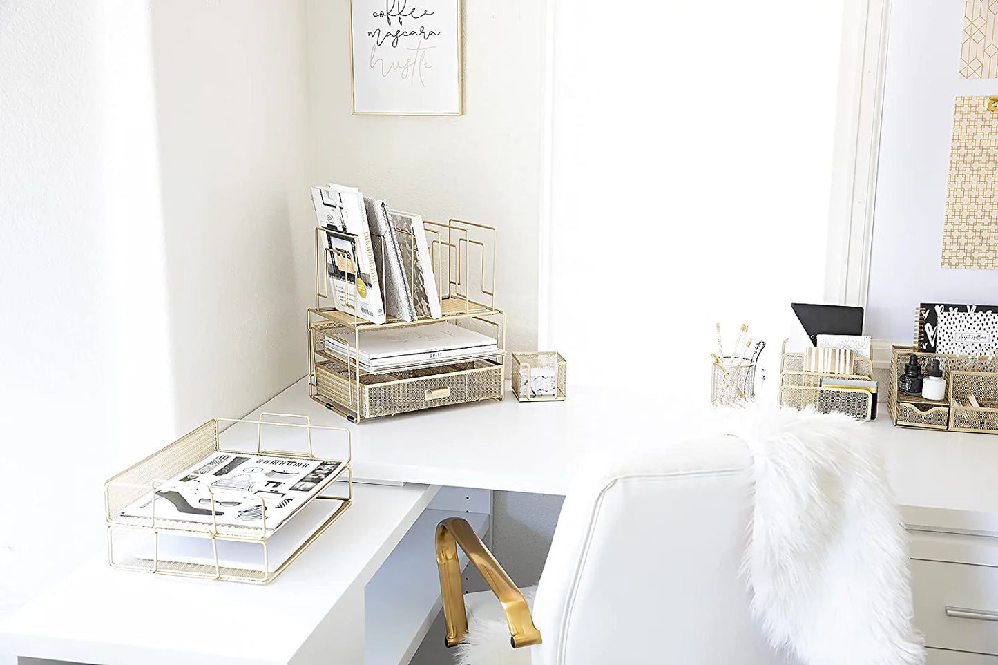 Gold Desk Accessories and Workspace Organizers, Desktop Organizer - Cute File Organizer for Desk and Drawer Storage for Office Supplies, Paper, Device and Folders - File Holder