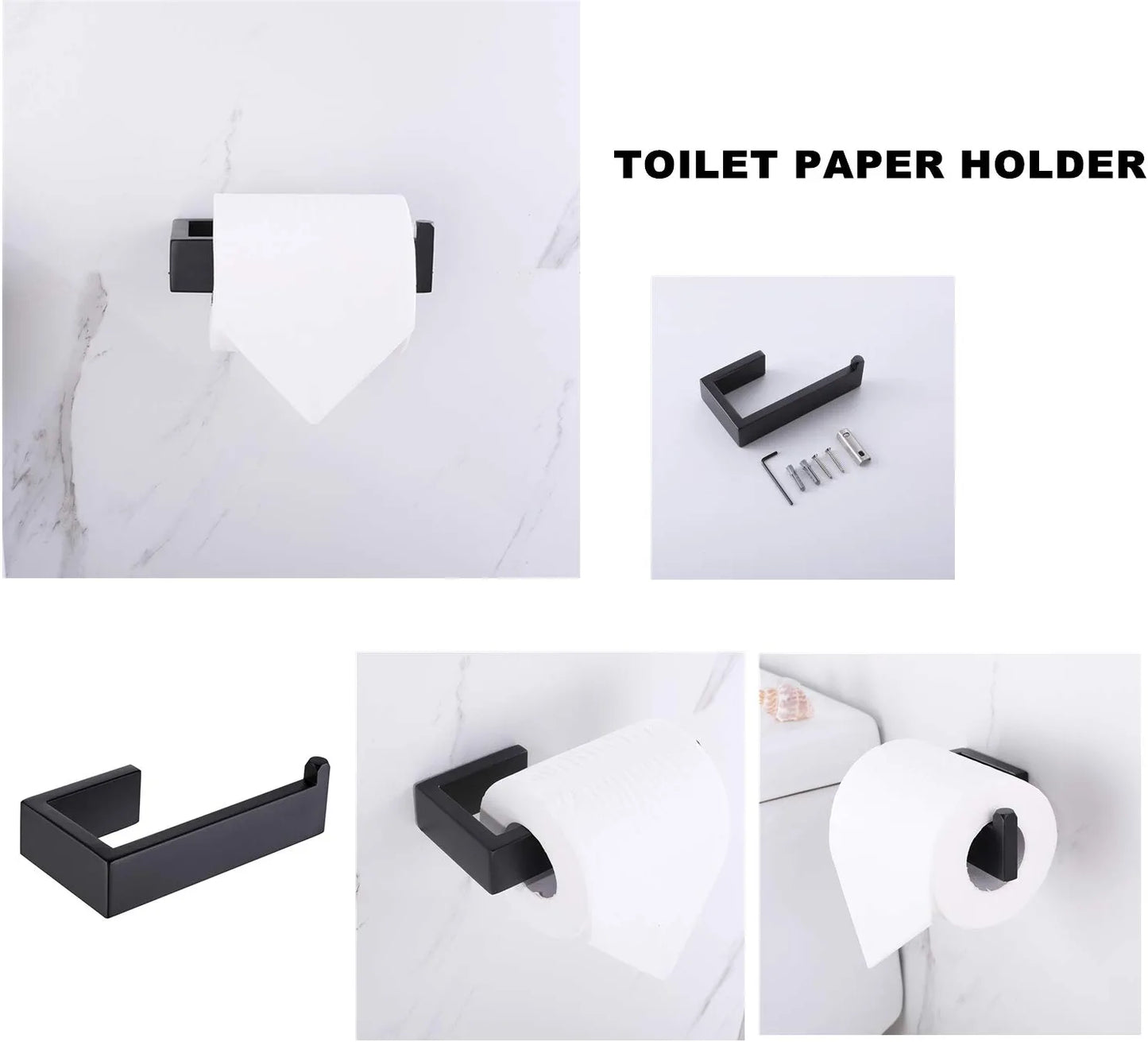 Premium Stainless Steel 4 Pieces Bathroom Hardware Accessories Set Wall Mounted Towel Bar Towel Holder Robe Hook Toilet Paper Holder ， Matte Black