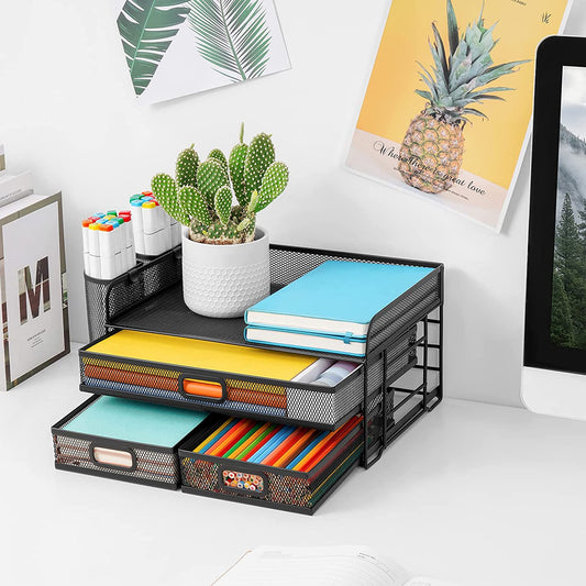 3 Tier Mesh Desk Organizer with Drawer, Multi-Functional Desk Organizers and Accessories, Paper Letter Organizer with 2 Pen Holder for Home Office Supplies - Black