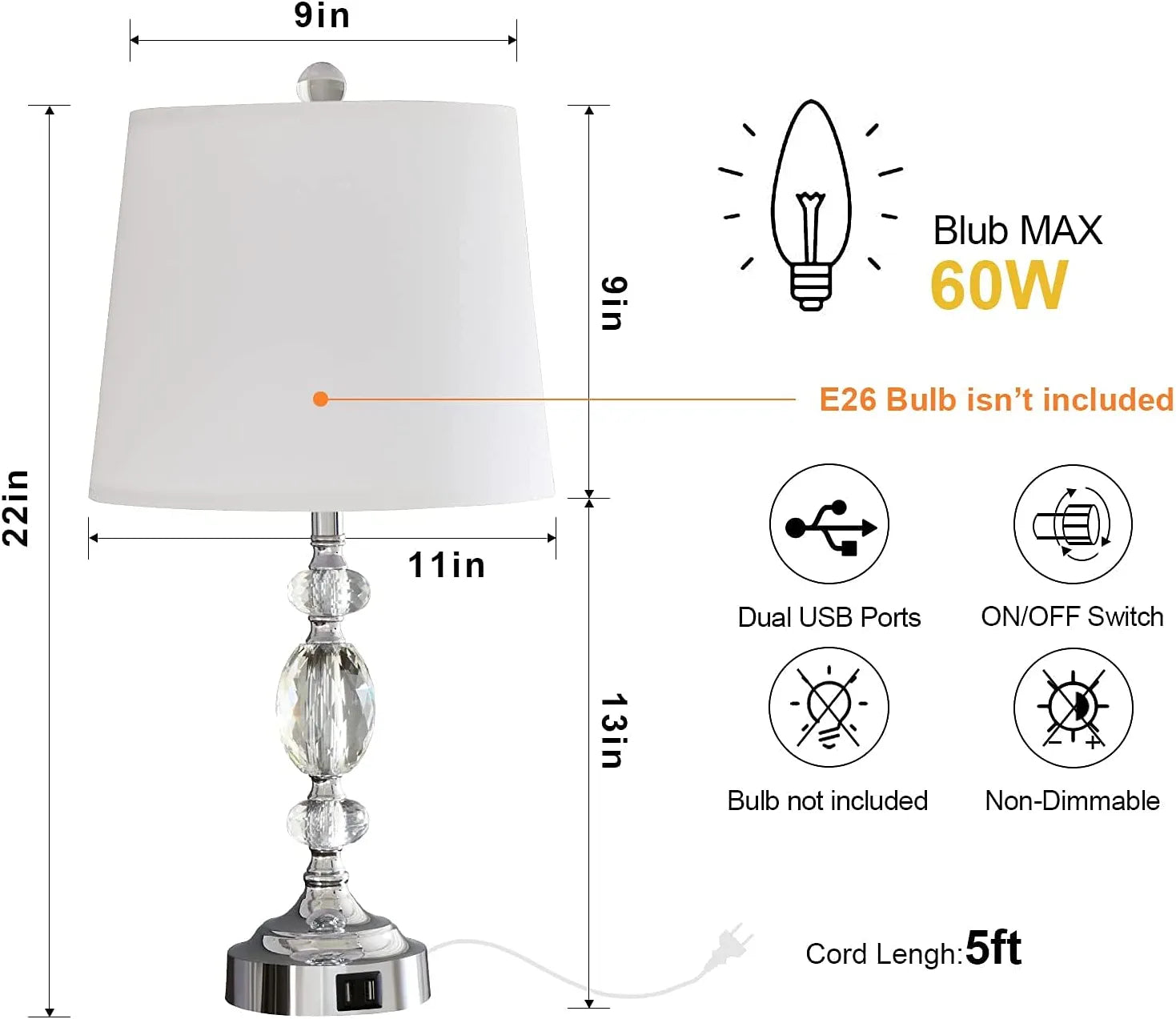 Crystal Table Lamps Set of 2 with Dual USB Charging Ports, Stacked Crystal Ball Nightstand Lamp with White Fabric Shade, Perfect Elegant Bed Lamp for Bedroom, Living Room, Office( Silver)