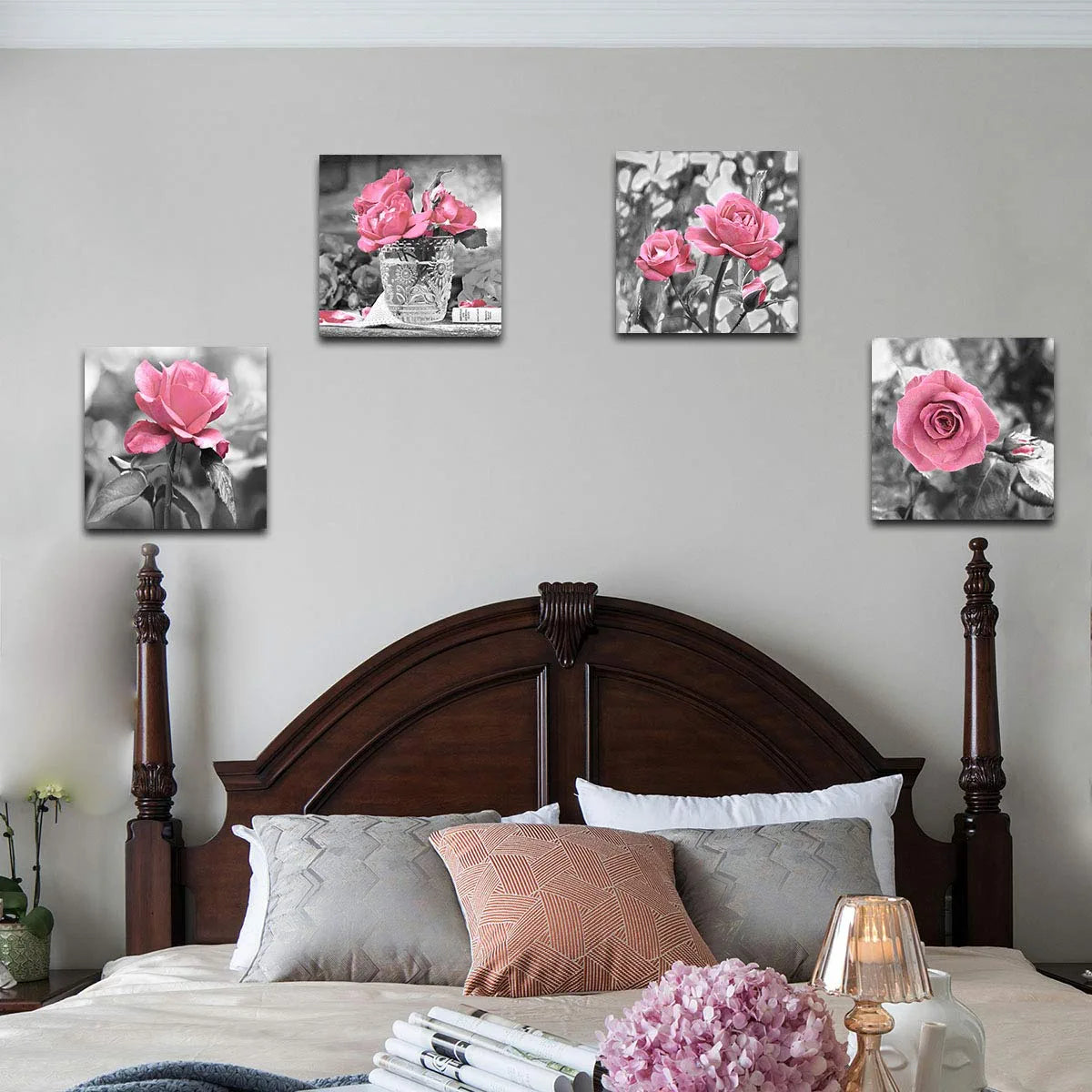 4 Panel Pink Rose Flower Wall Art Paintings Wall Art Paintings Floral Prints on Black and White Canvas Wall Decoration Framed for Bathroom Bedroom Decor Artwork 14X14 Inch