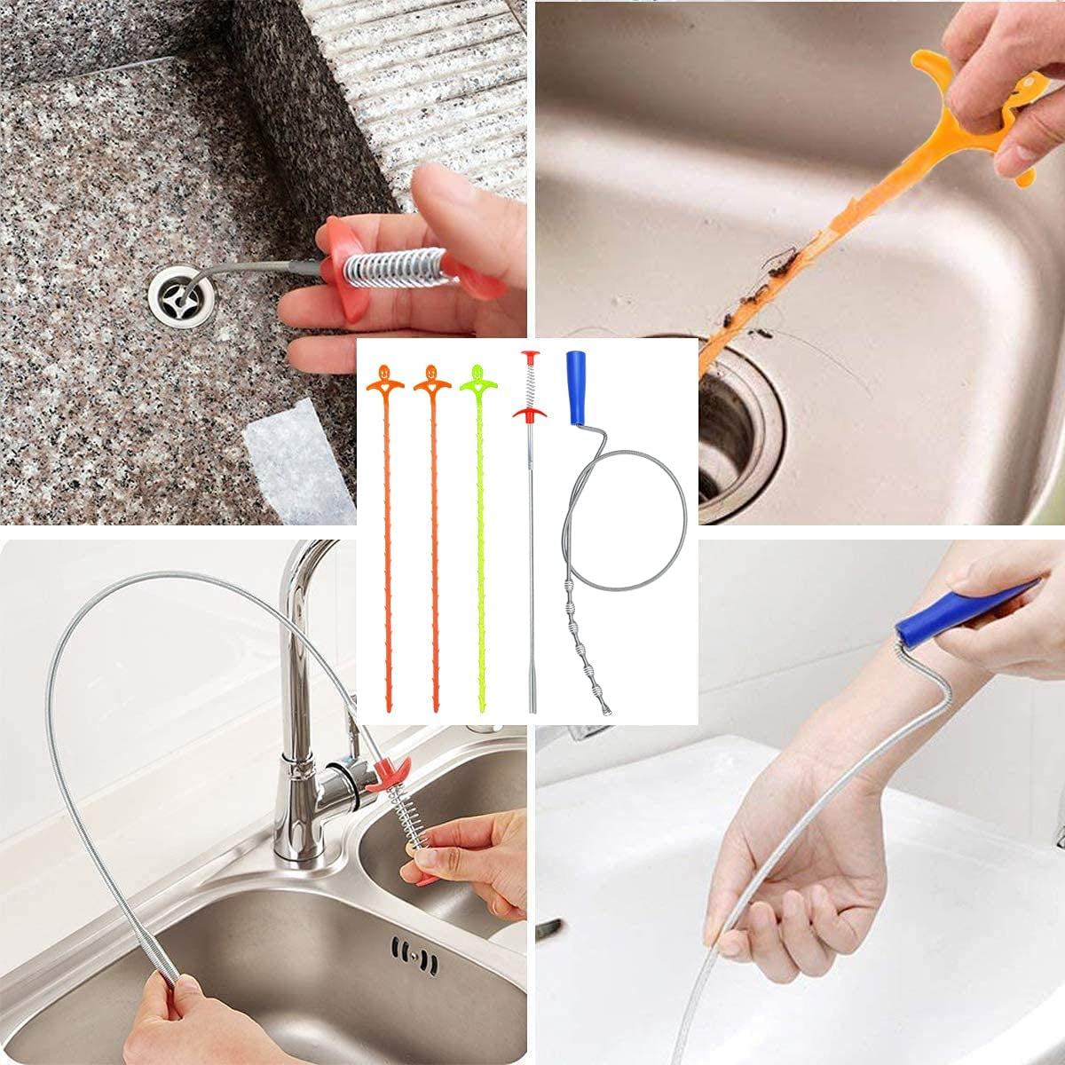 Drain Clog Remover, Hair Clog Remover, Sink Snake, Drain Cleaner Sticks, Snake Drain to Drain Hair Clog, Drain Hair Remover Tool for Sewer, Toilet, Kitchen Sink, Bathroom Tub (5 in 1)