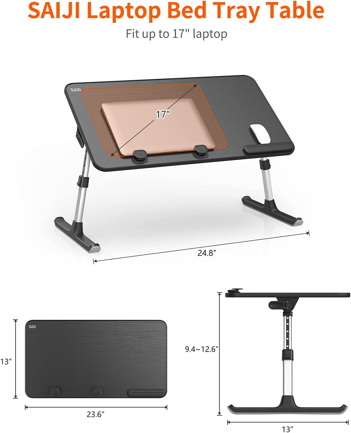 Laptop Desk for Bed, SAIJI Lap Desks Bed Trays for Eating Writing, Adjustable Computer Laptop Stand, Foldable Lap Table in Sofa and Couch (23.6 X 13,Black)