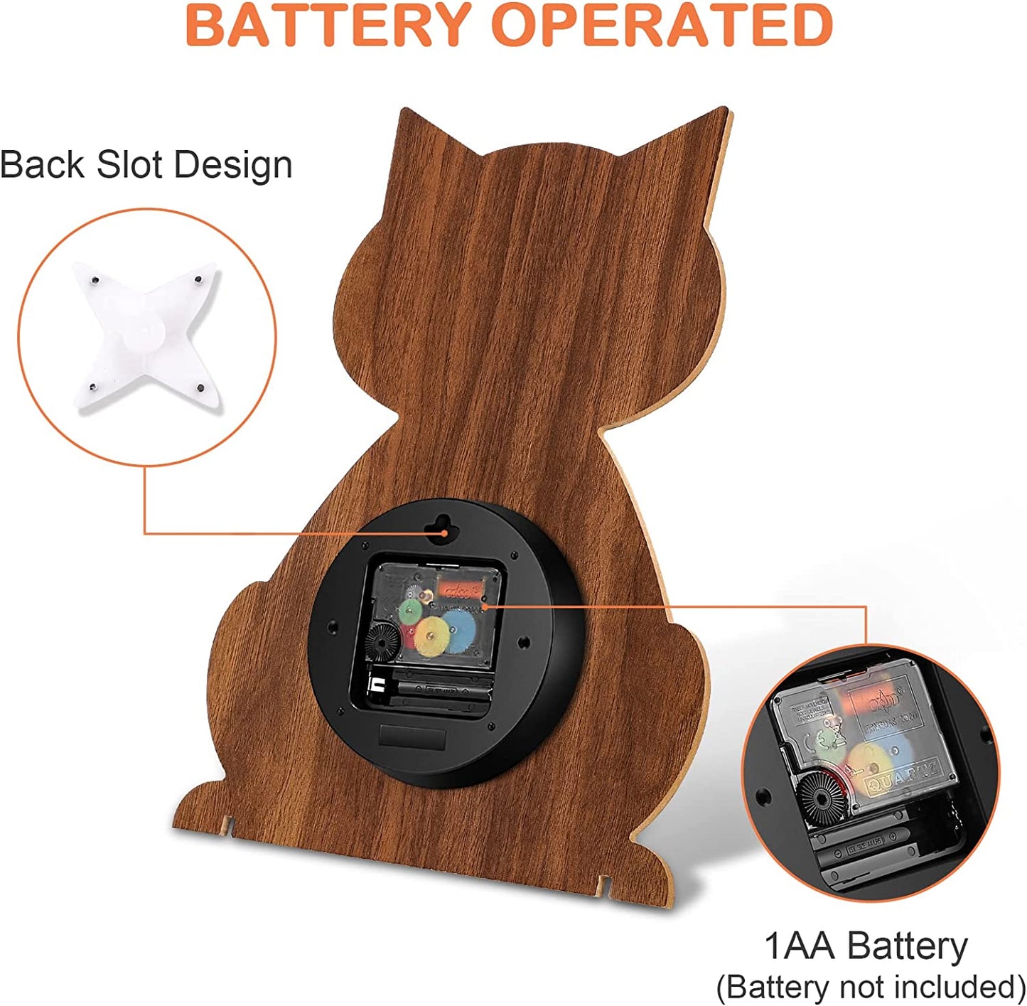 Night Light Wall Clock - Cat Wall Clocks Glow in Dark, Silent Non-Ticking Wood Clocks Battery Operated, Rustic Farmhouse Modern Clock Decorative for Kitchen Living Room Bedroom (12 Inch)