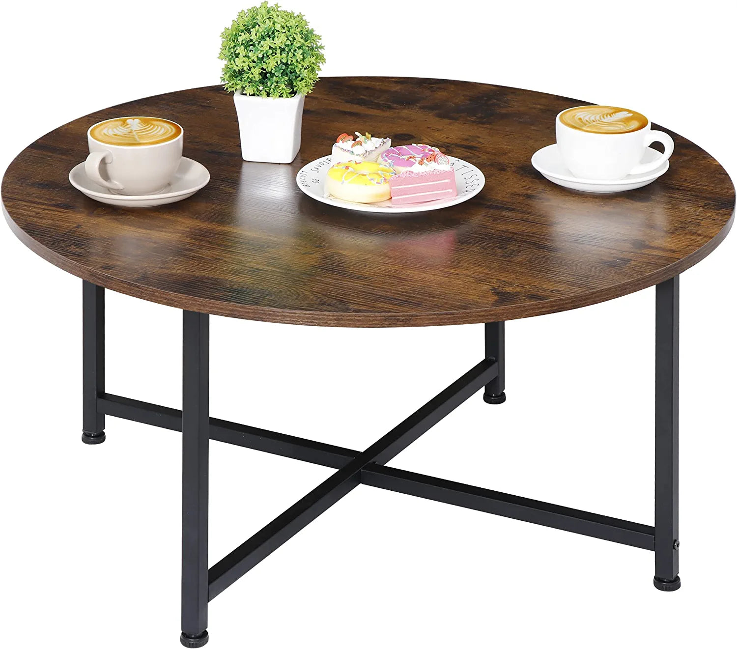 round Coffee Table, Industrial Style Cocktail Table Modern Leisure Tea Table, Kitchen Dining Table for Living Room, Dining Room, Tea, Home Office Balcony with Durable Metal Frame
