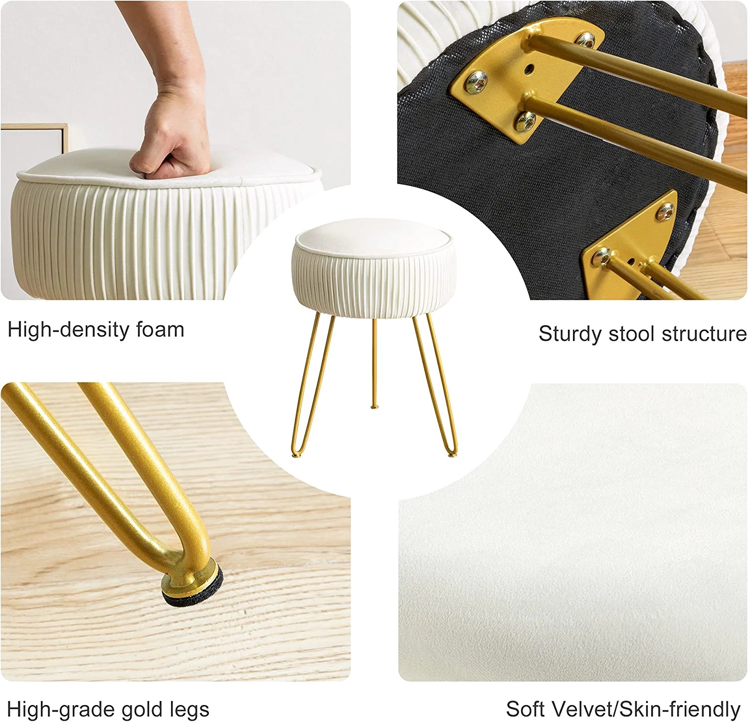 Mid Century Modern Velvet Upholstered Pleated round Footrest Stool Ottoman with Metal Legs, Home Multifunctional Luxury Ottoman Suitable for Living Room and Bedroom