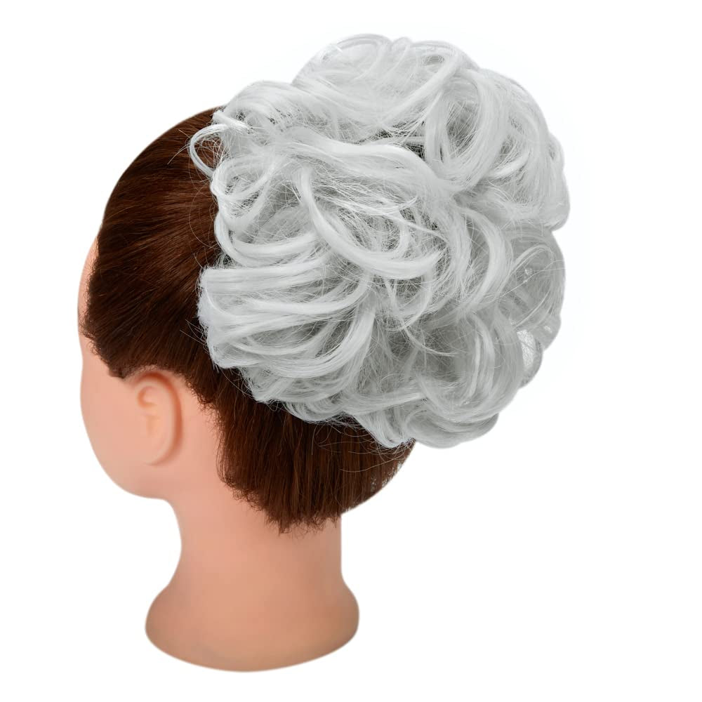 Messy Hair Bun Hair Scrunchies Extension Curly Wavy Messy Synthetic Chignon for Women Updo Hairpiece 1PCS Silver