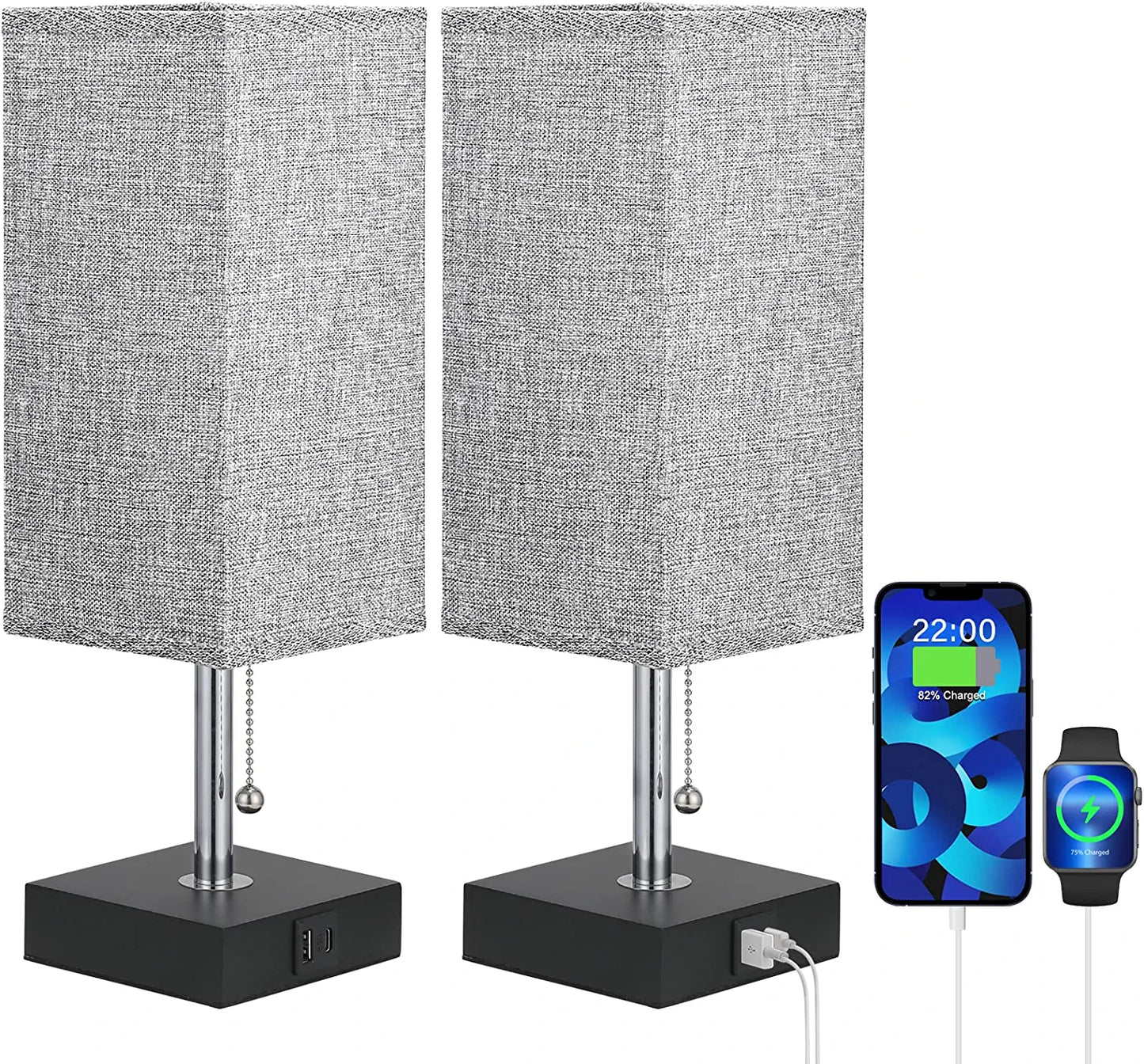 Bedside Lamps for Bedrooms Set of 2 - Table Lamps for Nightstand with USB Ports, Small Night Stand Light Lamp with Grey Fabric Shade for End Table Living Room Home Office Study Room (2 Pack)