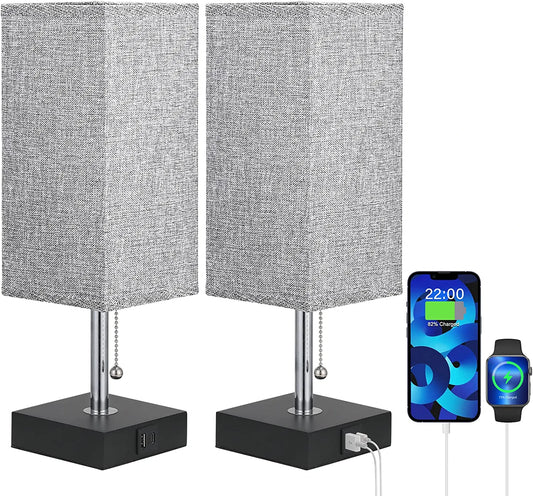 Bedside Lamps for Bedrooms Set of 2 - Table Lamps for Nightstand with USB Ports, Small Night Stand Light Lamp with Grey Fabric Shade for End Table Living Room Home Office Study Room (2 Pack)