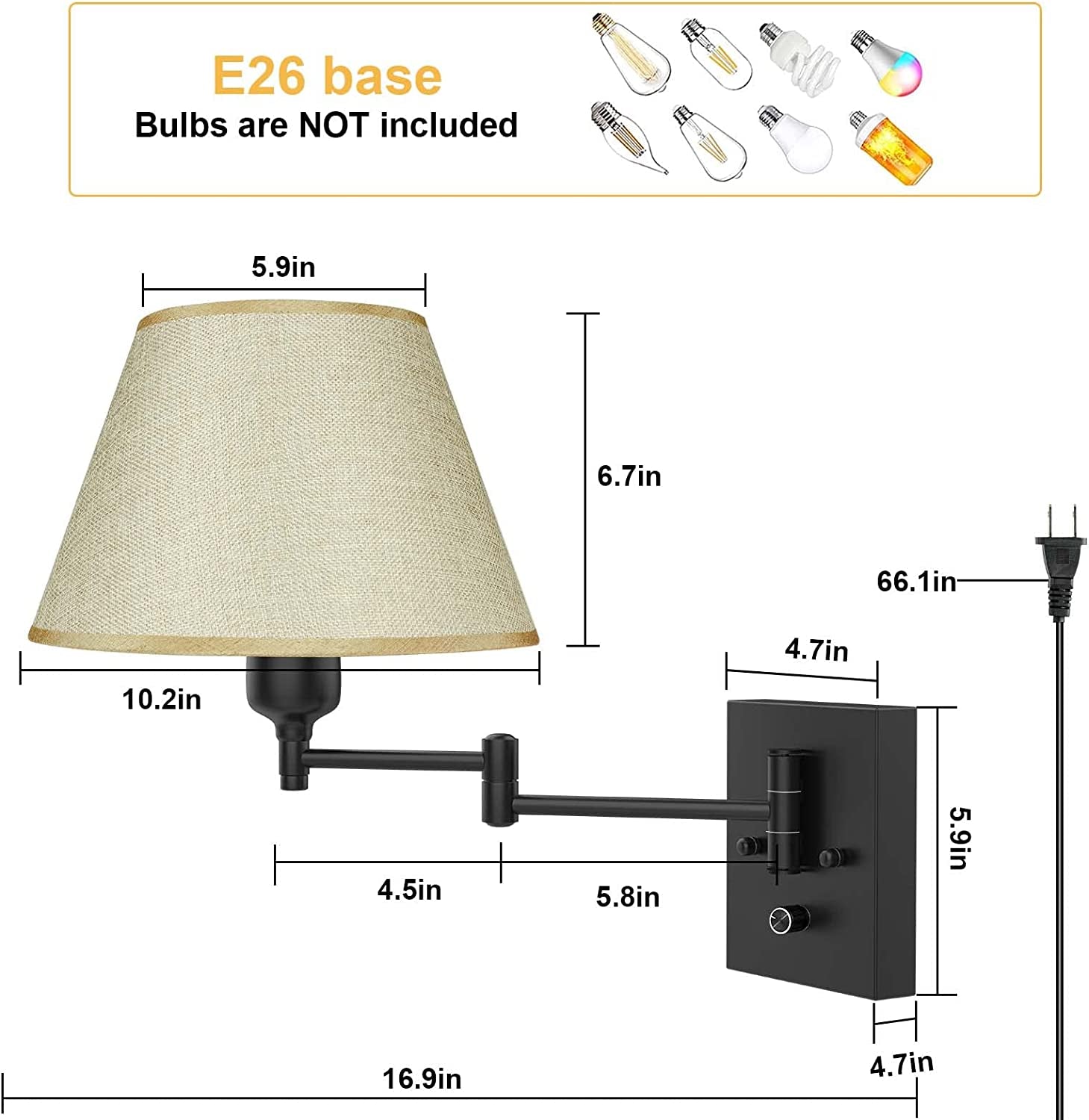 Plug in Wall Sconces Set of 2, Dimmable Swing Arm Wall Lamp with Fabric Shade Wall Light Fixtures Wall Mounted Lighting Reading Light Fixture for Bedside Bedroom Indoor Doorway