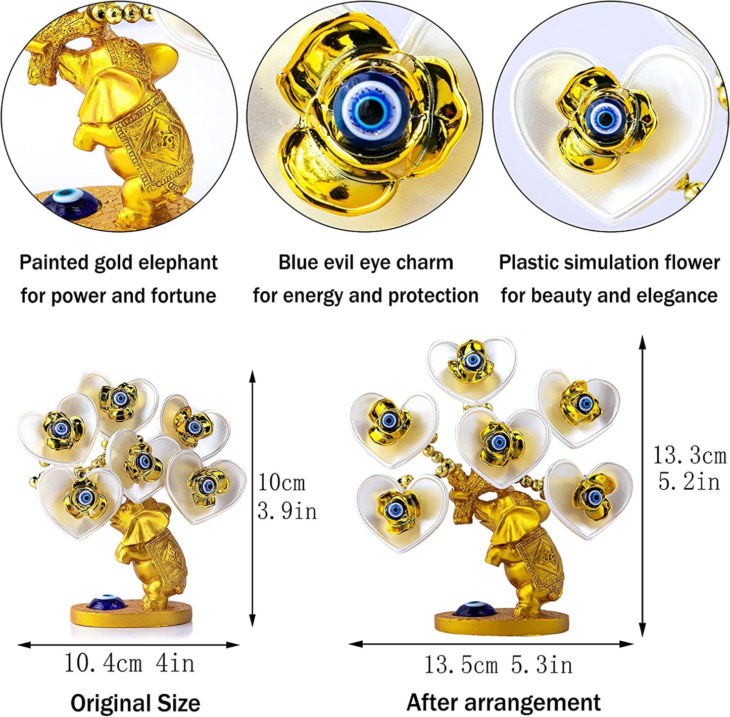 Blue Evil Eye Money Tree with Painted Golden Elephant Figurine White Artificial Flowers Home Office Protection Decoration Feng Shui Ornament