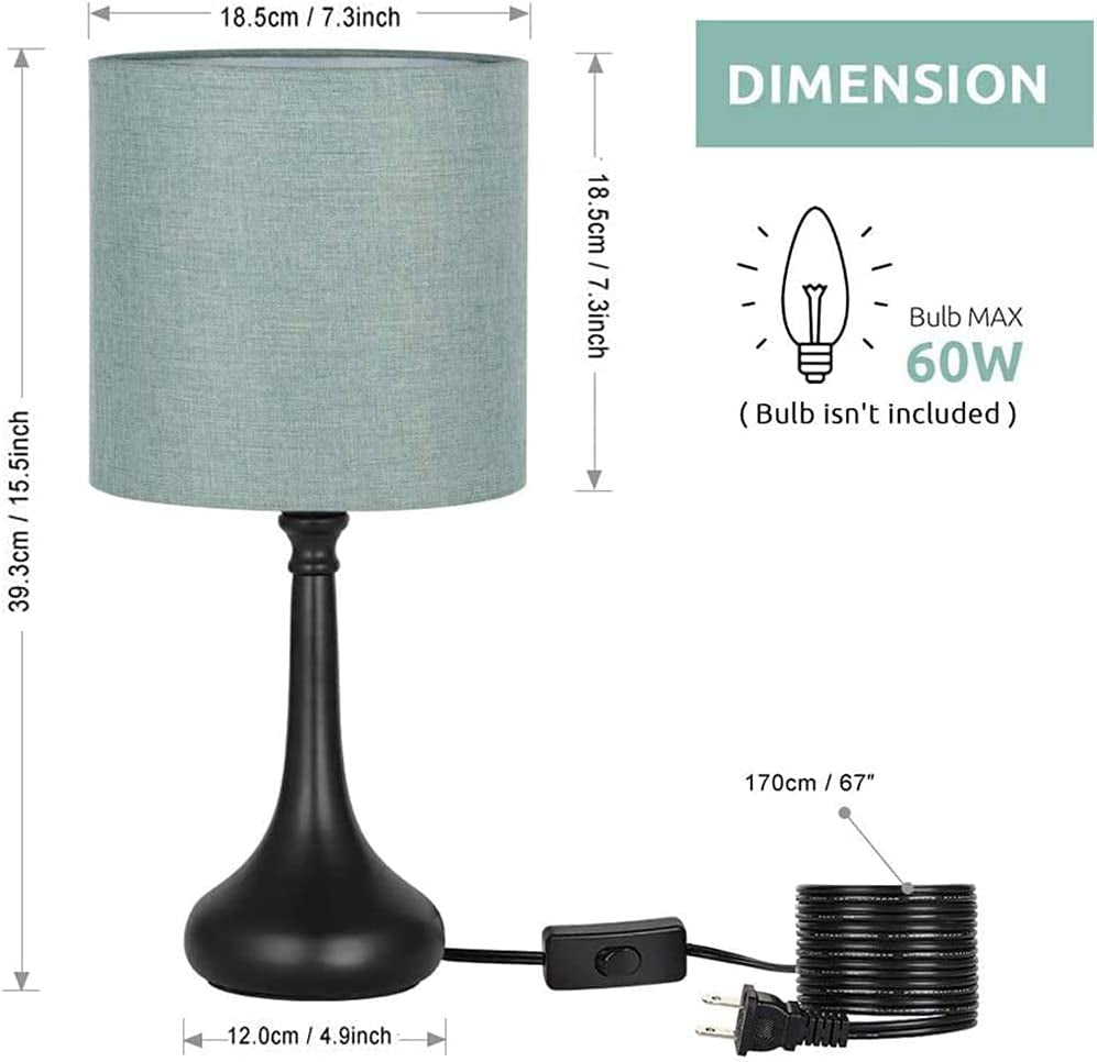 Lamps for Bedroom Set of 2- Bedside Lamps with Fabric Shade and Metal Base, Small Table Lamps for Living Room, Bedroom, Living Room, Office,Blue-Green