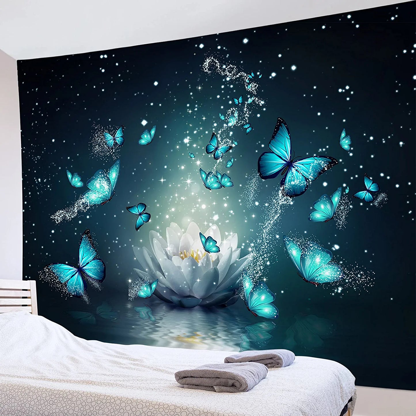 HVEST Trippy Water Lily Tapestry Wall Hanging Magic Butterfly Flying in Teal Ocean Natural Scenery Art Tapestries for Living Room Bedroom Teen Dorm Girl Yoga Room Wall Decor Poster,60X40 Inches