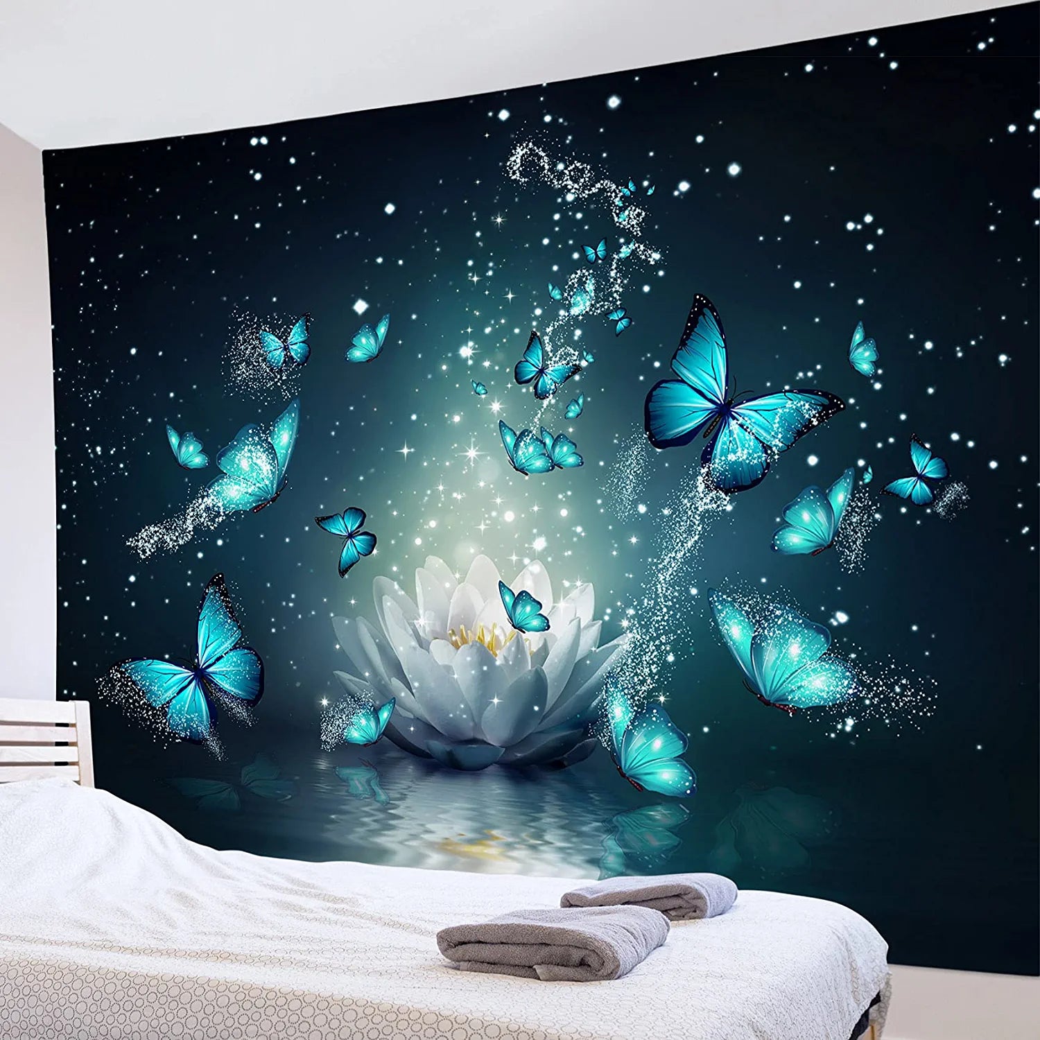 HVEST Trippy Water Lily Tapestry Wall Hanging Magic Butterfly Flying in Teal Ocean Natural Scenery Art Tapestries for Living Room Bedroom Teen Dorm Girl Yoga Room Wall Decor Poster,60X40 Inches