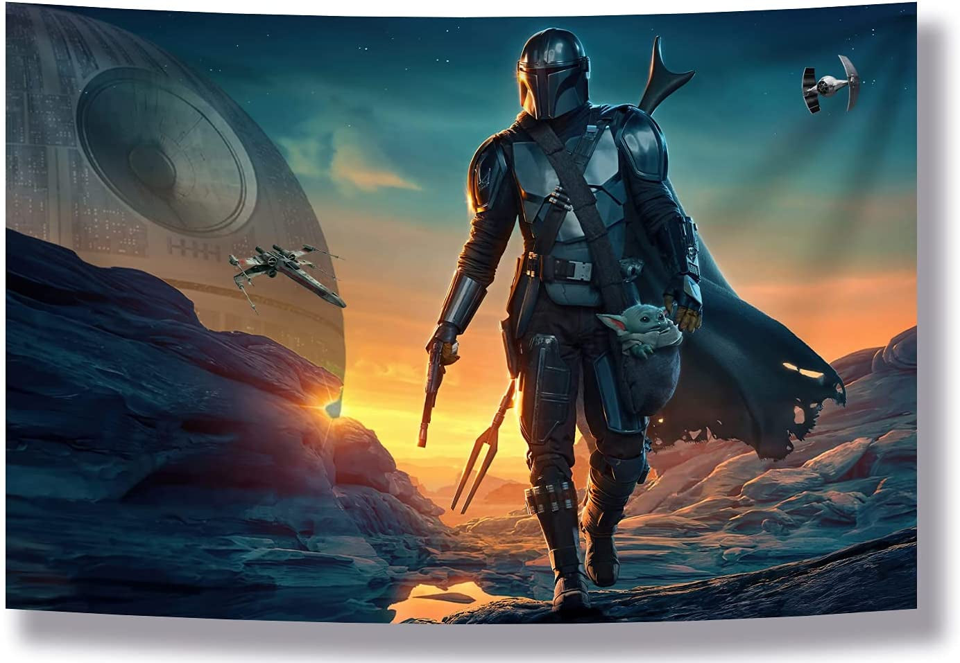 Tapestry Banner Star Wars Mandalorian Yoda Blue Death Star Wall Posters Wall Hanging Decoration for Bedroom Dorm Cool-For Party Art Wall Tapestry (Mandalorian Yoda, 39''X 59'')