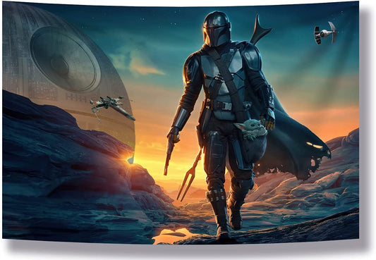 Tapestry Banner Star Wars Mandalorian Yoda Blue Death Star Wall Posters Wall Hanging Decoration for Bedroom Dorm Cool-For Party Art Wall Tapestry (Mandalorian Yoda, 39''X 59'')