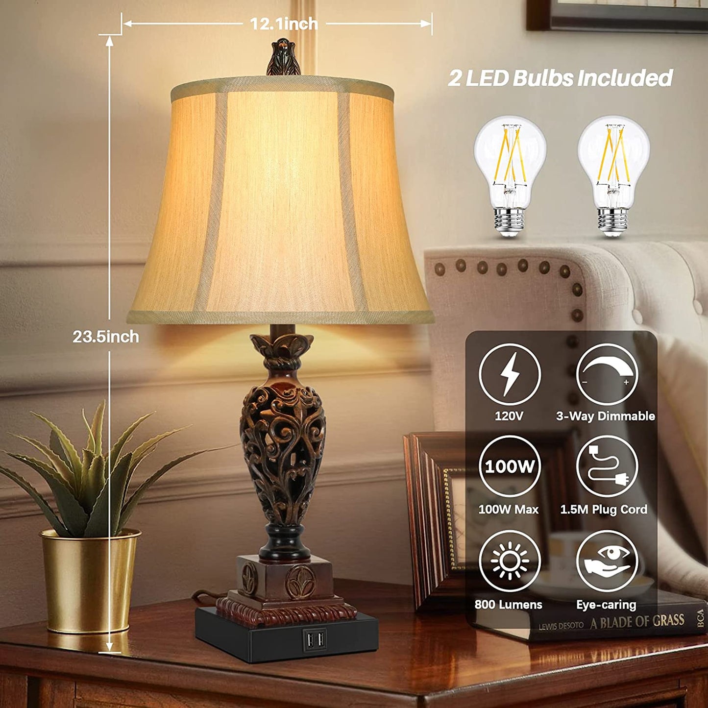 Traditional Touch Table Lamps Set of 2, Vintage Rustic Bedside Nightstand Lamps with 2 USB Ports, Farmhouse Retro Table Lamps for Living Room Bedroom, E26 Bulbs Included