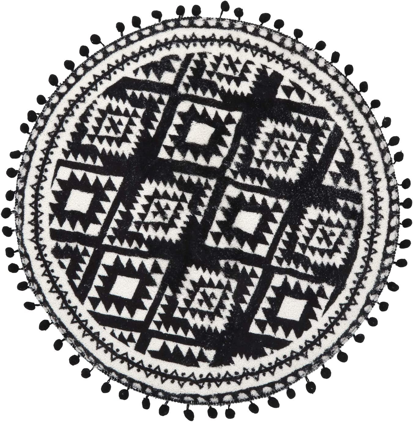 round Area Rugs 2Ft with Pom Pom Ball Fringe Black and Beige Soft Velvet Small Throw Rugs Non-Slip Boho Geometric Floor Carpet for Bedroom Living Room Bathroom Home Decor