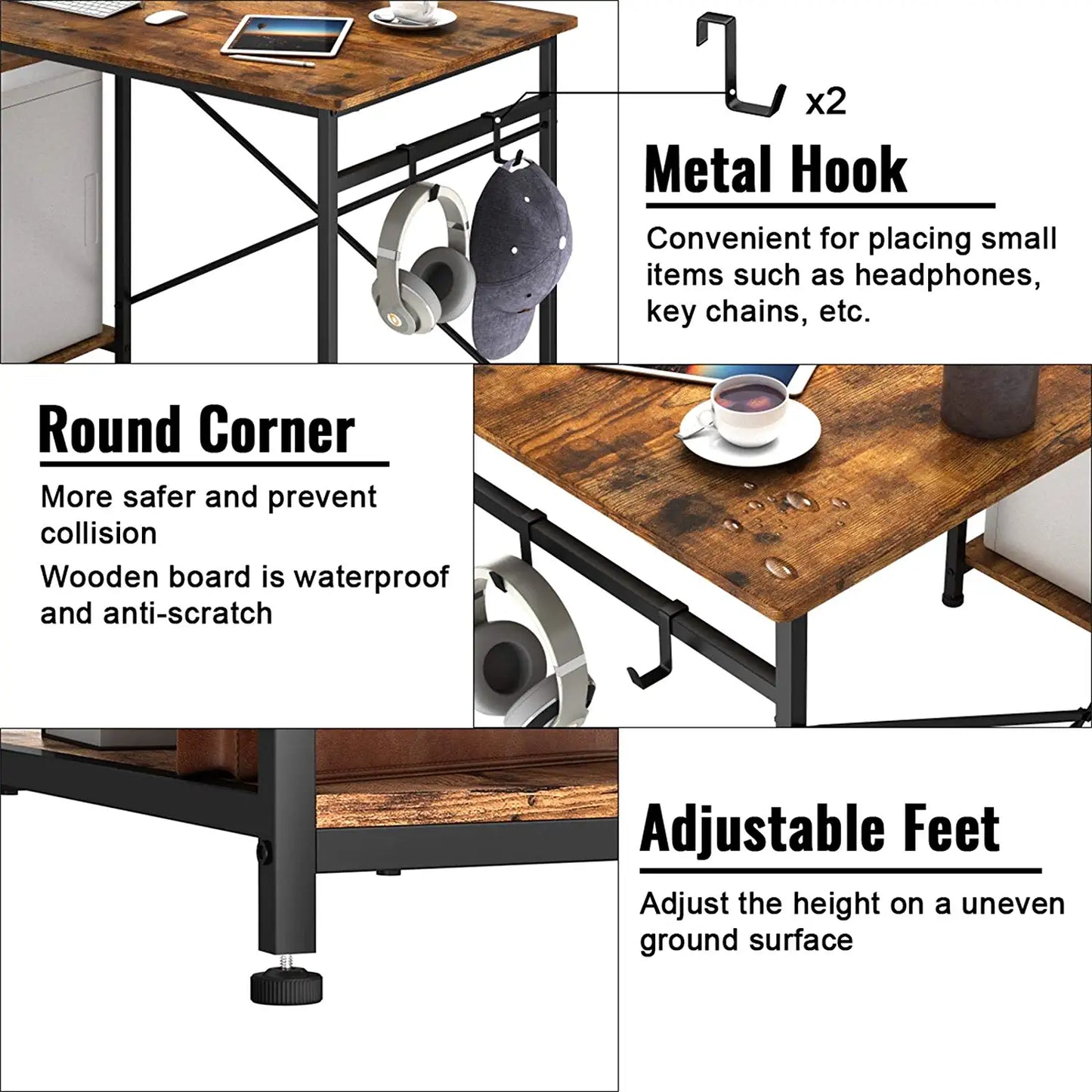 Writing Computer Desk 47", Home Office Study Desk with 2 Storage Shelves on Left or Right Side, Industrial Simple Style Wood Table Metal Frame for PC Laptop Notebook