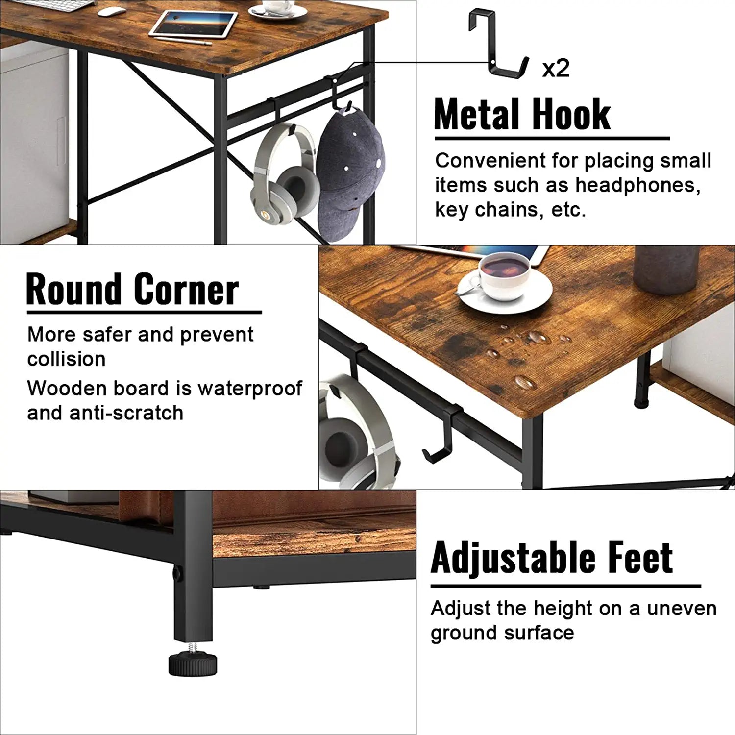 Writing Computer Desk 47", Home Office Study Desk with 2 Storage Shelves on Left or Right Side, Industrial Simple Style Wood Table Metal Frame for PC Laptop Notebook