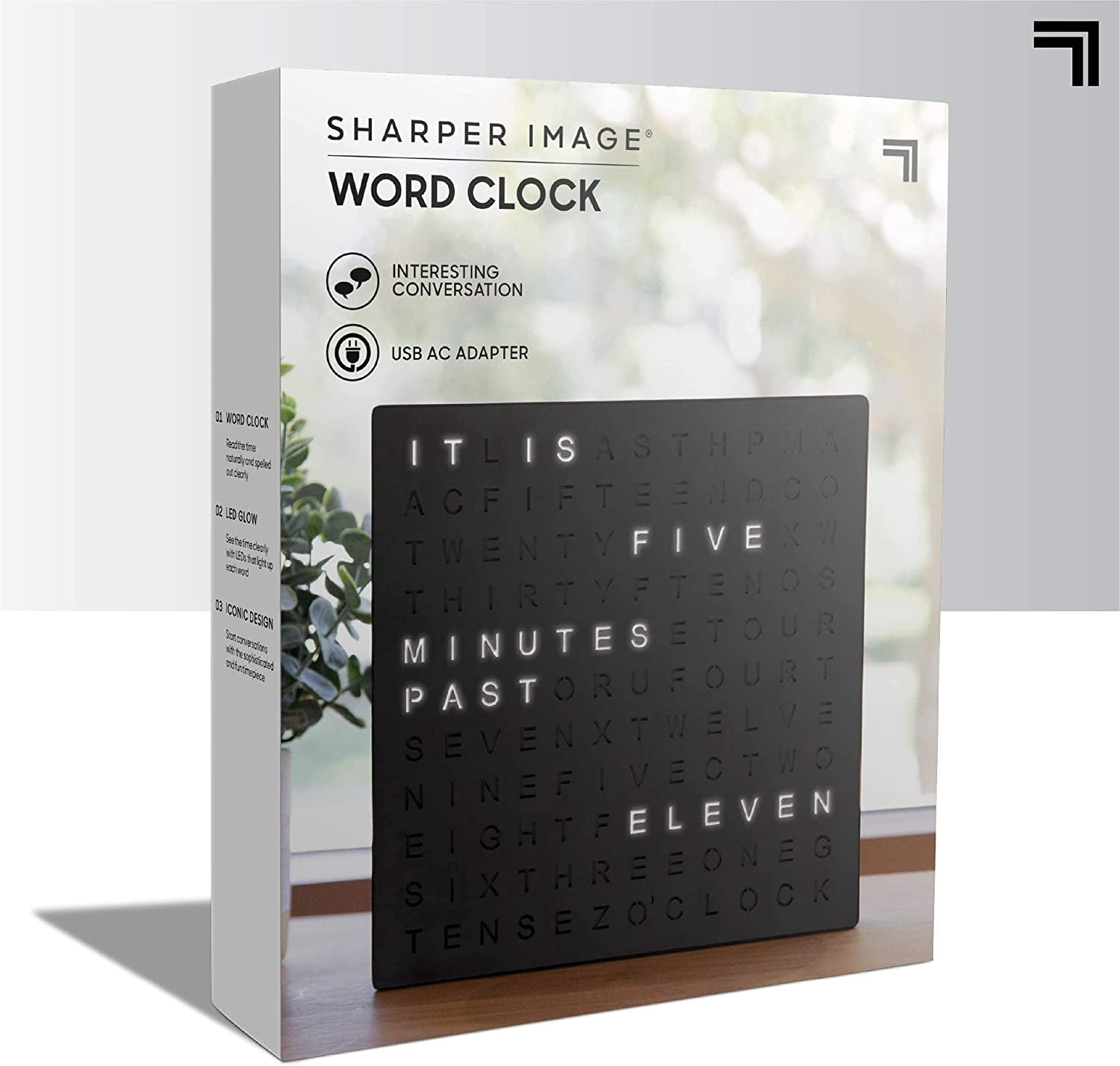SHARPER IMAGE Light up Electronic Plug-In Word Clock, Black Finish with LED Light Display, USB Cord and Power Adapter, Unique Contemporary Home and Office Décor, Accent Desk Clock