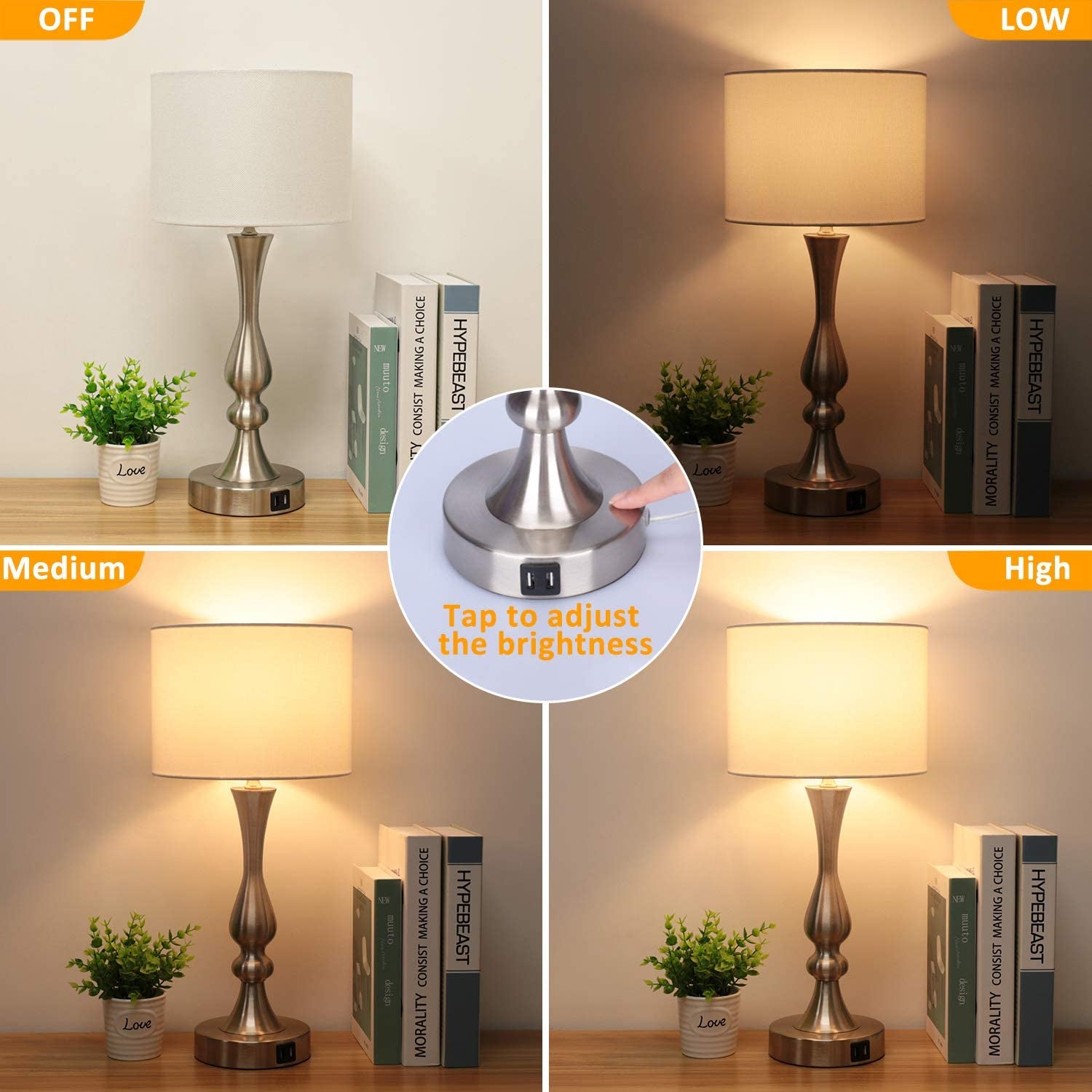 Bedside Touch Lamp with Dual USB Charging Ports, 3 Way Dimmable Nightstand Lamp with Silver Base, USB Touch Control Table Lamp Modern Ambient Light for Living Room, Bedroom, 6W 2700K LED Bulb Included