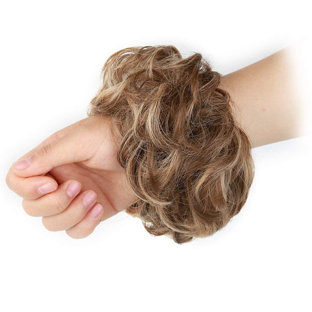 1PCS Messy Hair Bun Hair Scrunchies Extension Curly Wavy Messy Synthetic Chignon for Women Updo Hairpiece (Light Golden Brown & Pale Golden Blonde)