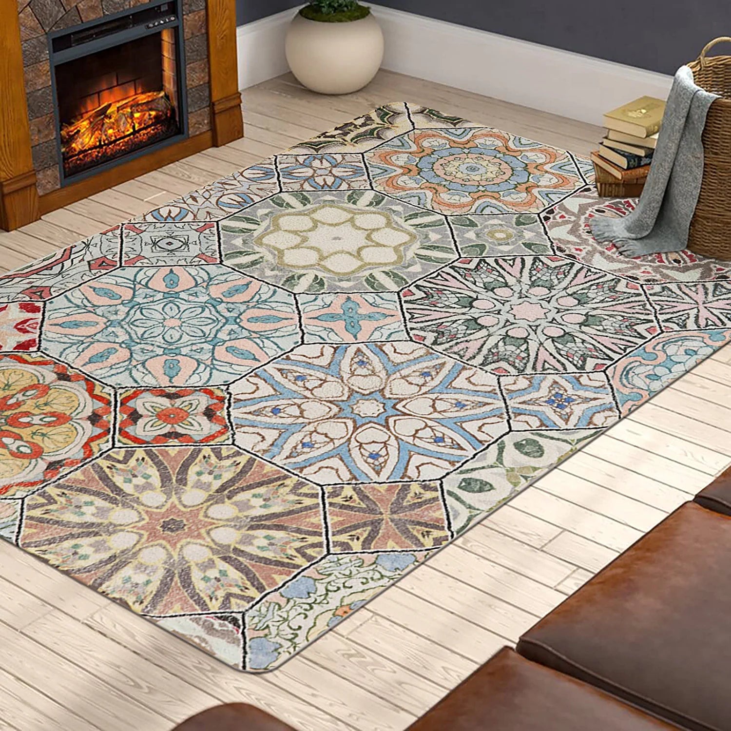 Collection Traditional Rectangle Throw Rugs 3' X 5' Faux Wool Area Rug Non-Slip Backing Soft Distressed Modern Floor Carpet Floral Medallion Living Room Rug for Sofa Dining Room Bedroom